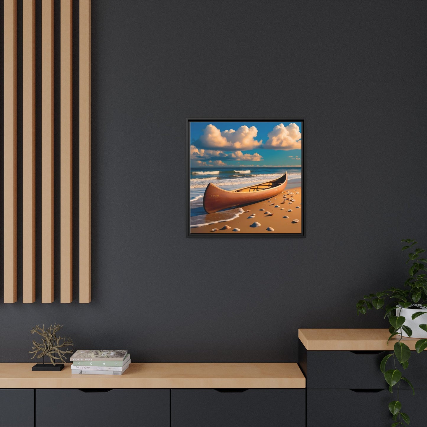 Canoe on the Beach Calm Sunny Day Framed Canvas Wall Art Beach Lover Vacation Oceanic Gift Nature Lover Peaceful Zen Gift 3 frame colors