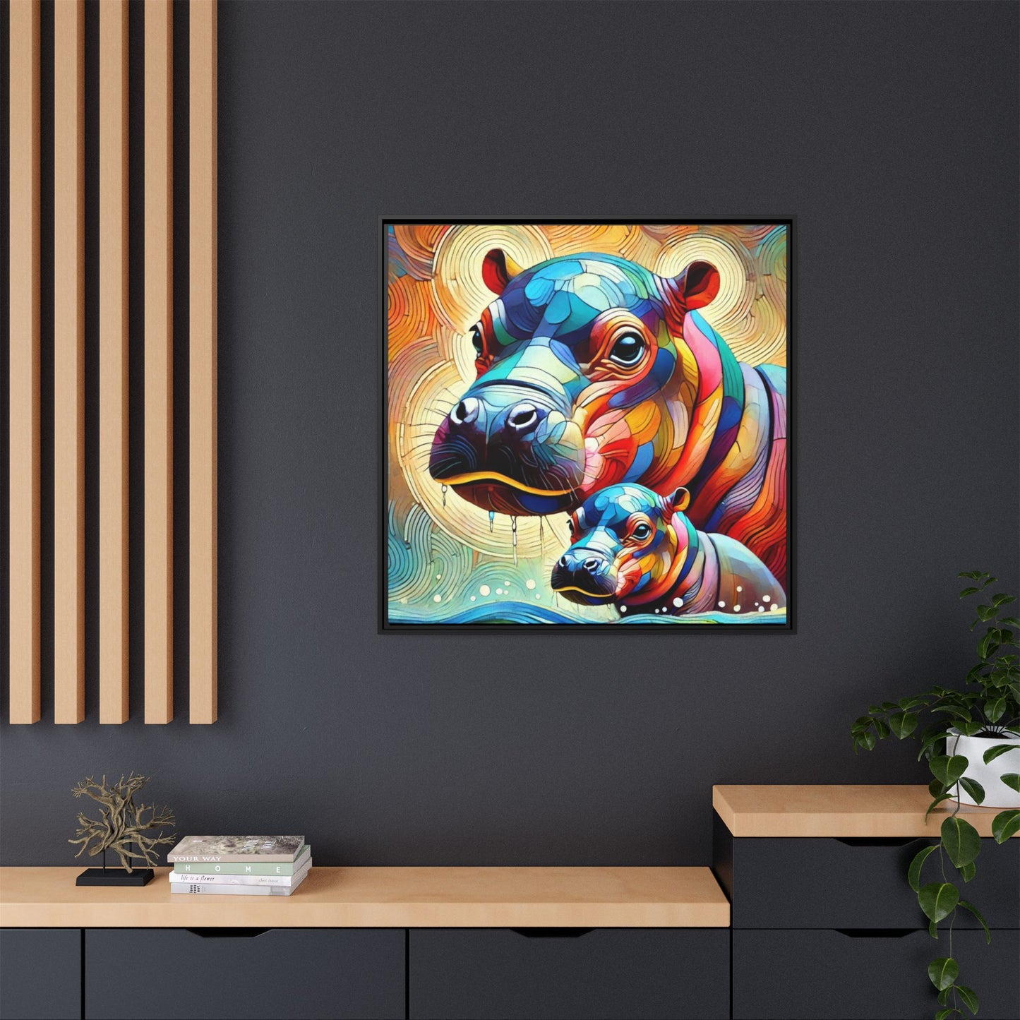 Modern Hippo Print Abstract Design Unique Framed Canvas Print Baby Hippo Wall Art Animal Lover Gift Nature Lover Decor 3 frame colors