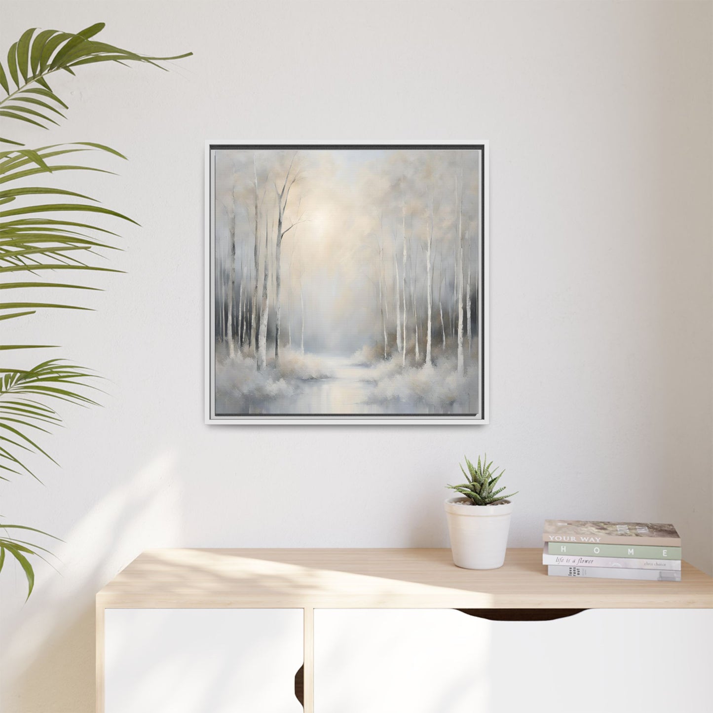 Modern Abstract White Forest Design Unique Framed Canvas Wall Art Ocean Beach Gift Nature Lover Gift 3 frame colors