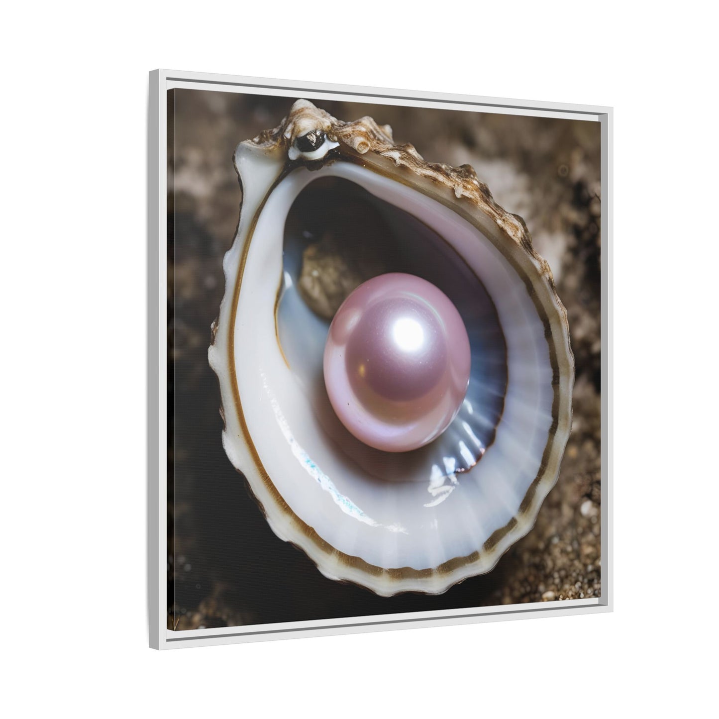 Pink Pearl in Oyster Shell Framed Canvas Wall Art Beach Lover Vacation Oceanic Gift Nature Lover Peaceful Zen Gift 3 frame colors