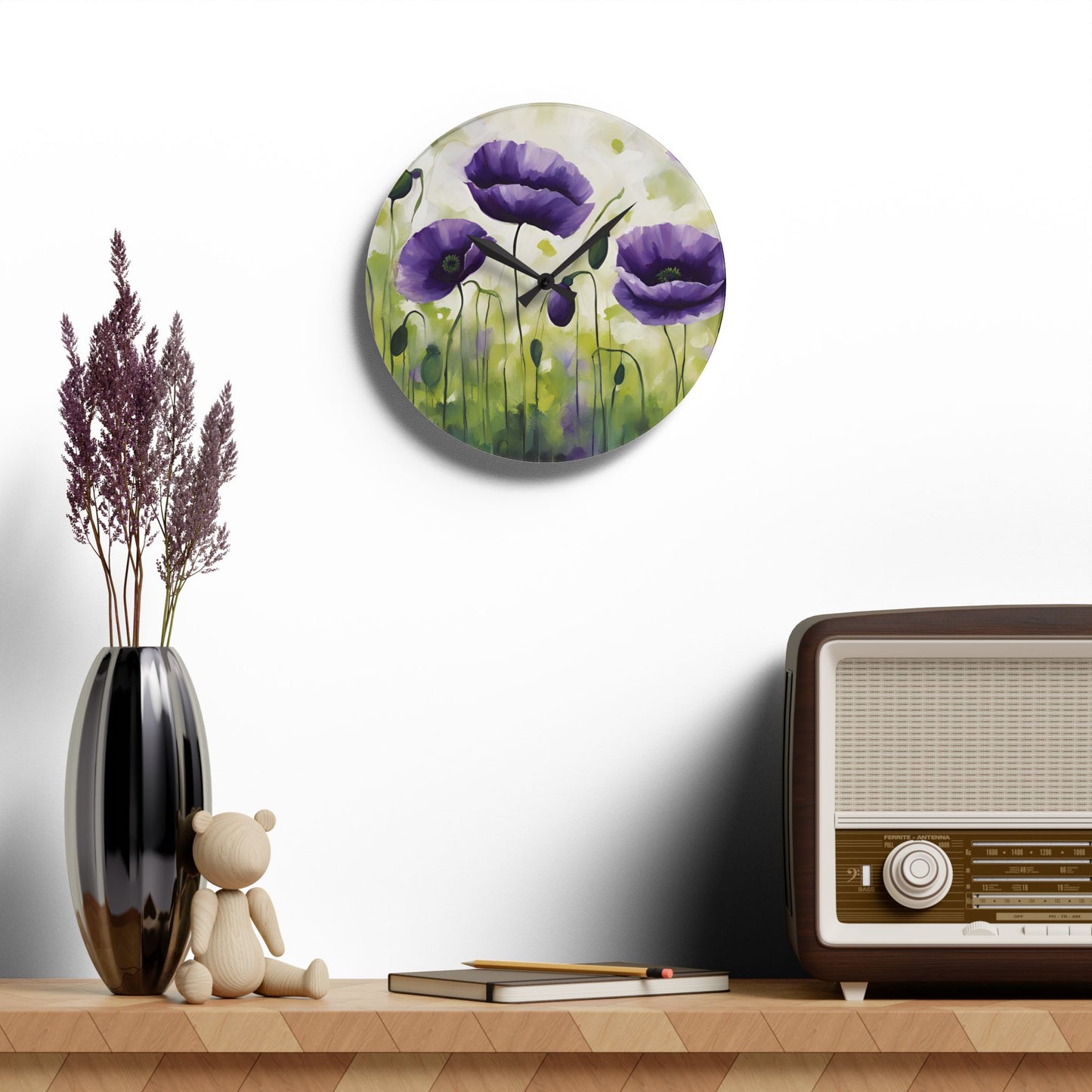 Floral Design Acrylic Clock Unique Colorful Wall Clock for Kitchen or Living Room Nature Lover Field of Flowers Gardener Gift