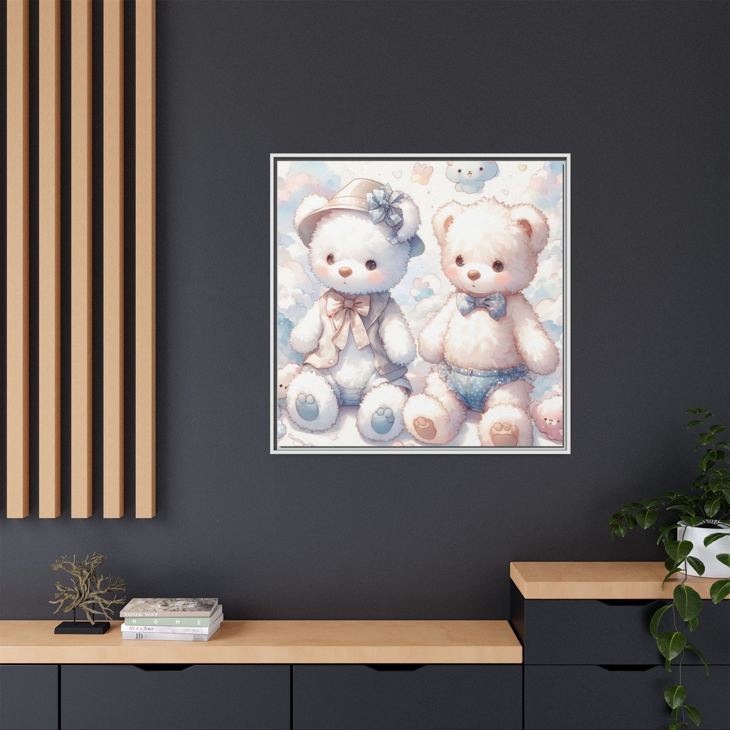 Whimsical Nursery Decor Pastel Floral Teddy Bear Design Wall Art Unique Sweet Baby Room Framed Canvas Print Unisex Baby Shower Gift