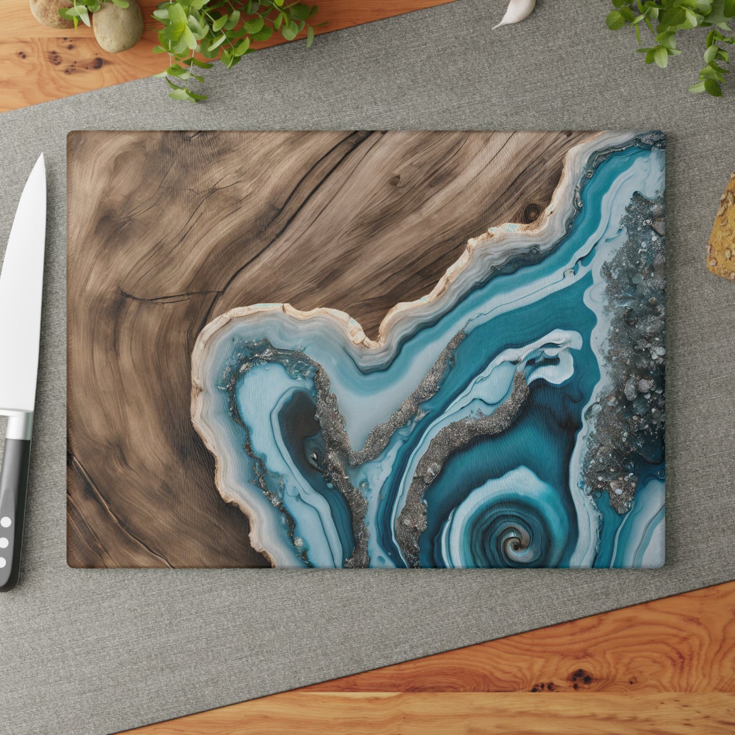 Kitchen Decor Glass Wood-look Image Nature Lover Cutting Board Serving Tray Home Cook Gift Colorful Glass Geode-inspired Charcuterie Board