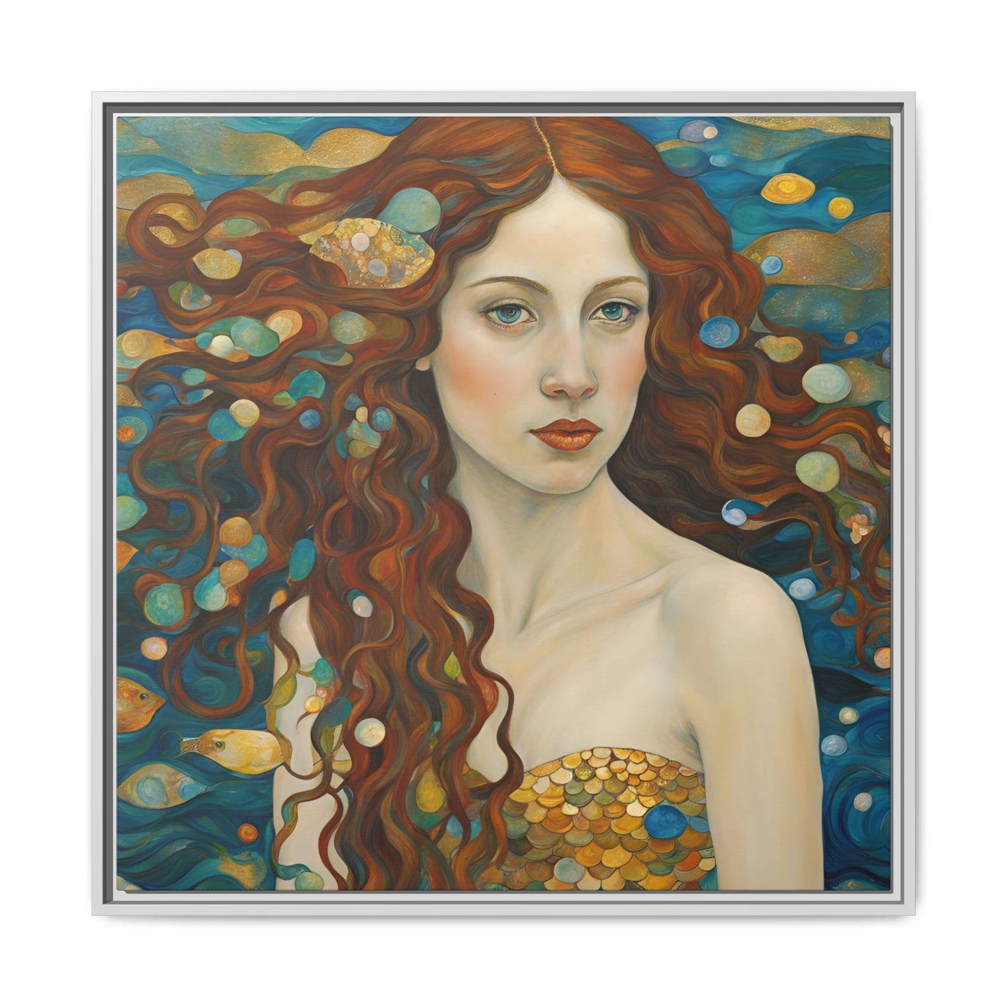 Modern Abstract Mermaid Design Unique Framed Canvas Oceanic Wall Art Underwater Gold Fish Anime Gift Nature Lover Gift 3 frame colors