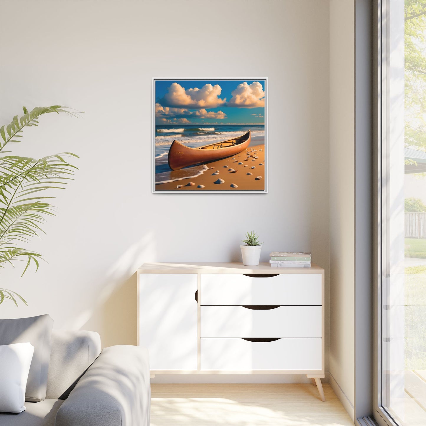 Canoe on the Beach Calm Sunny Day Framed Canvas Wall Art Beach Lover Vacation Oceanic Gift Nature Lover Peaceful Zen Gift 3 frame colors