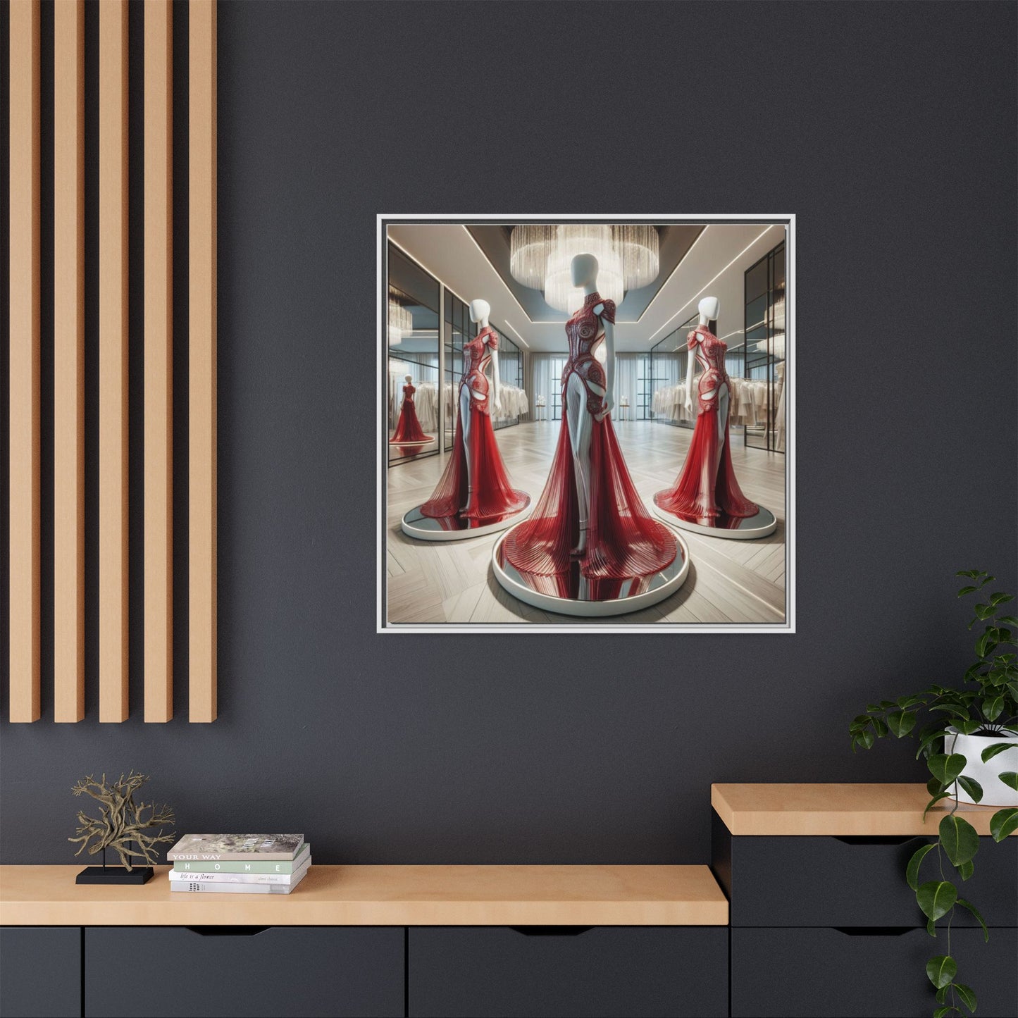 Futuristic Bodycon Runway Dress Framed Canvas Print Wall Art Unique Fashion Designer Style Haute Couture Fashionista Gift 3 Frame Colors