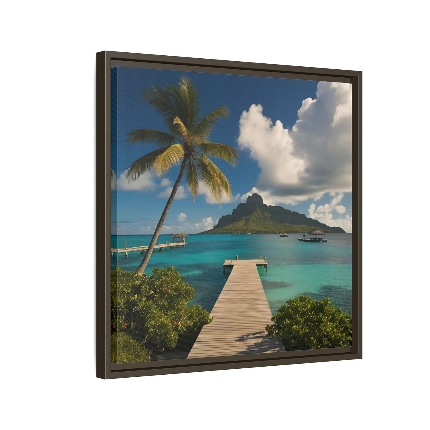 Tropical Island Calm Sunny Day Framed Canvas Wall Art Volcano Beach Vacation Oceanic Gift Nature Lover Peaceful Zen Gift 3 frame colors