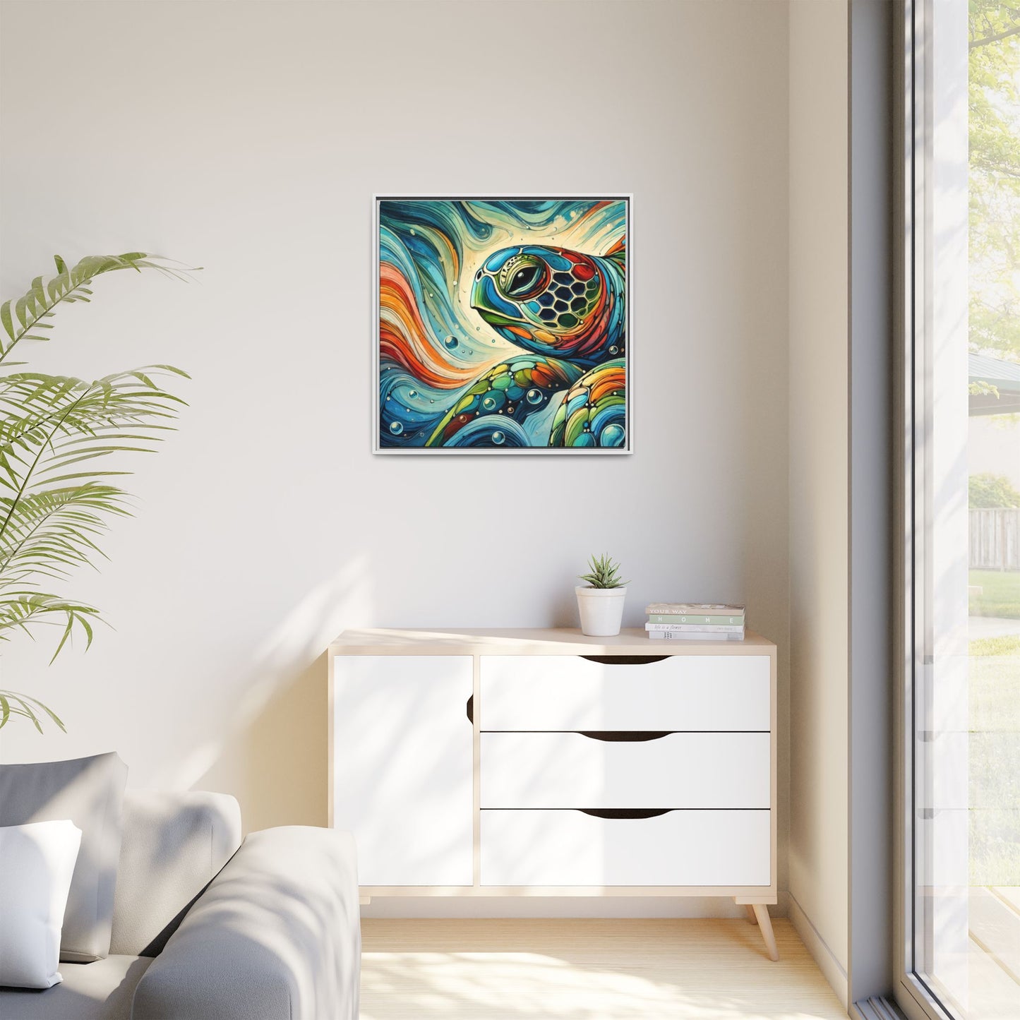Modern Sea Turtle Print Abstract Design Unique Framed Canvas Print Oceanic Wall Art Animal Lover Gift Nature Lover Decor 3 frame colors