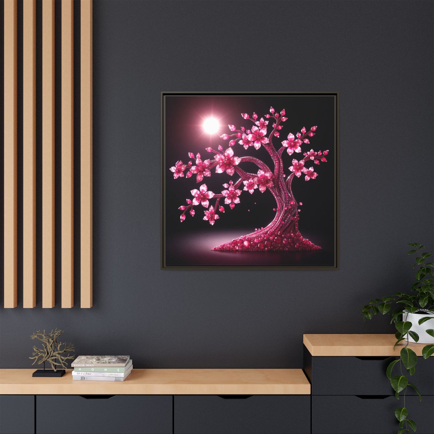 Pink Bejeweled Bonzai Tree Framed Canvas Print Wall Art Unique Nature Lover Asian Art Gift Decor 3 Frame Colors
