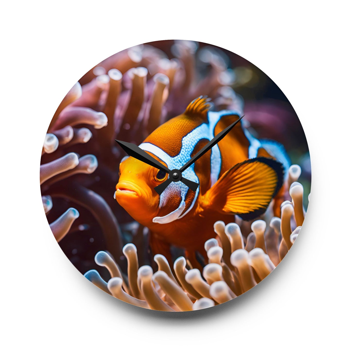 Clown Fish Anenome Design Acrylic Clock Unique Colorful Wall Clock for Kitchen or Living Room Nature Lover Gift