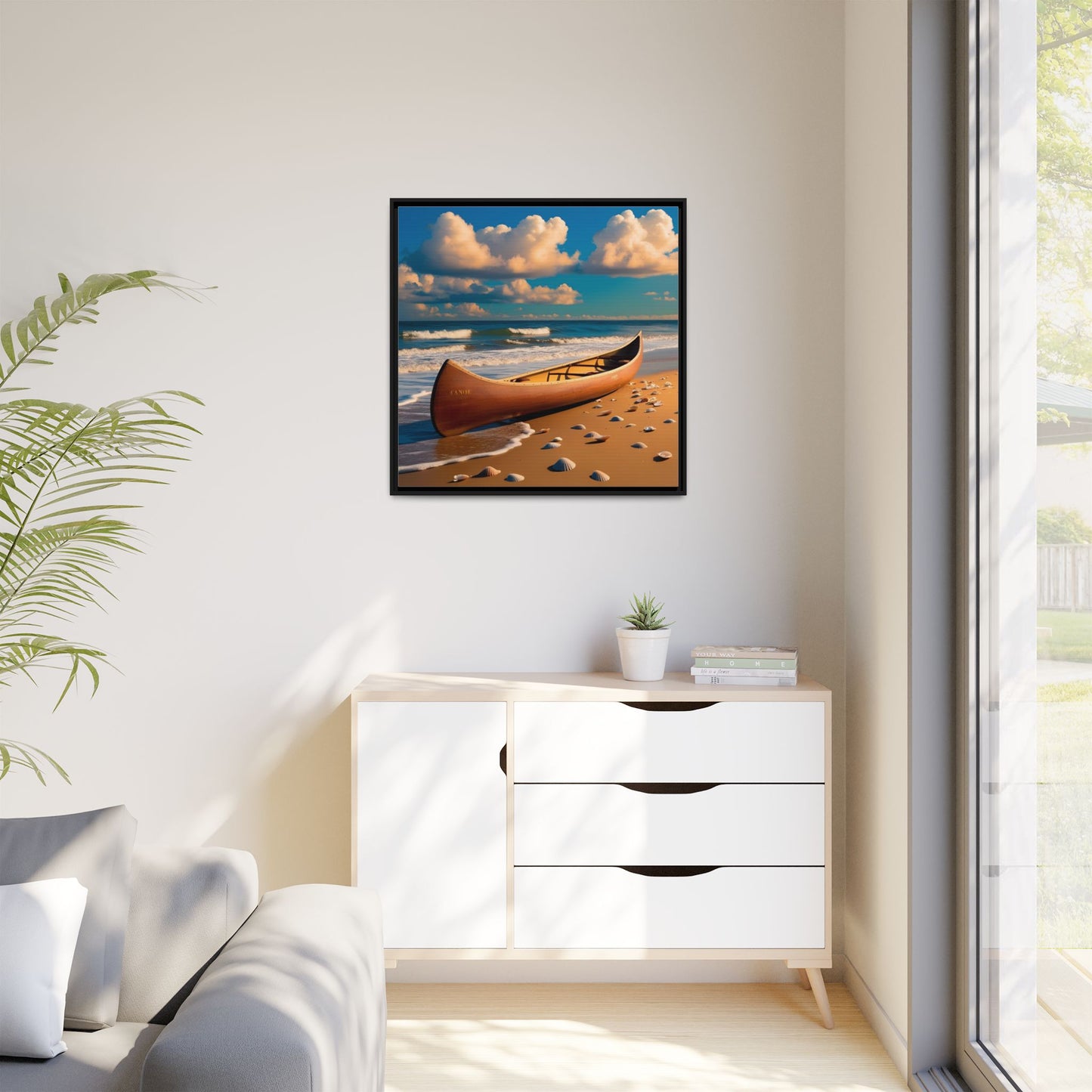 Canoe on the Beach Calm Sunny Day Framed Canvas Wall Art Beach Lover Vacation Oceanic Gift Nature Lover Peaceful Zen Gift 3 frame colors