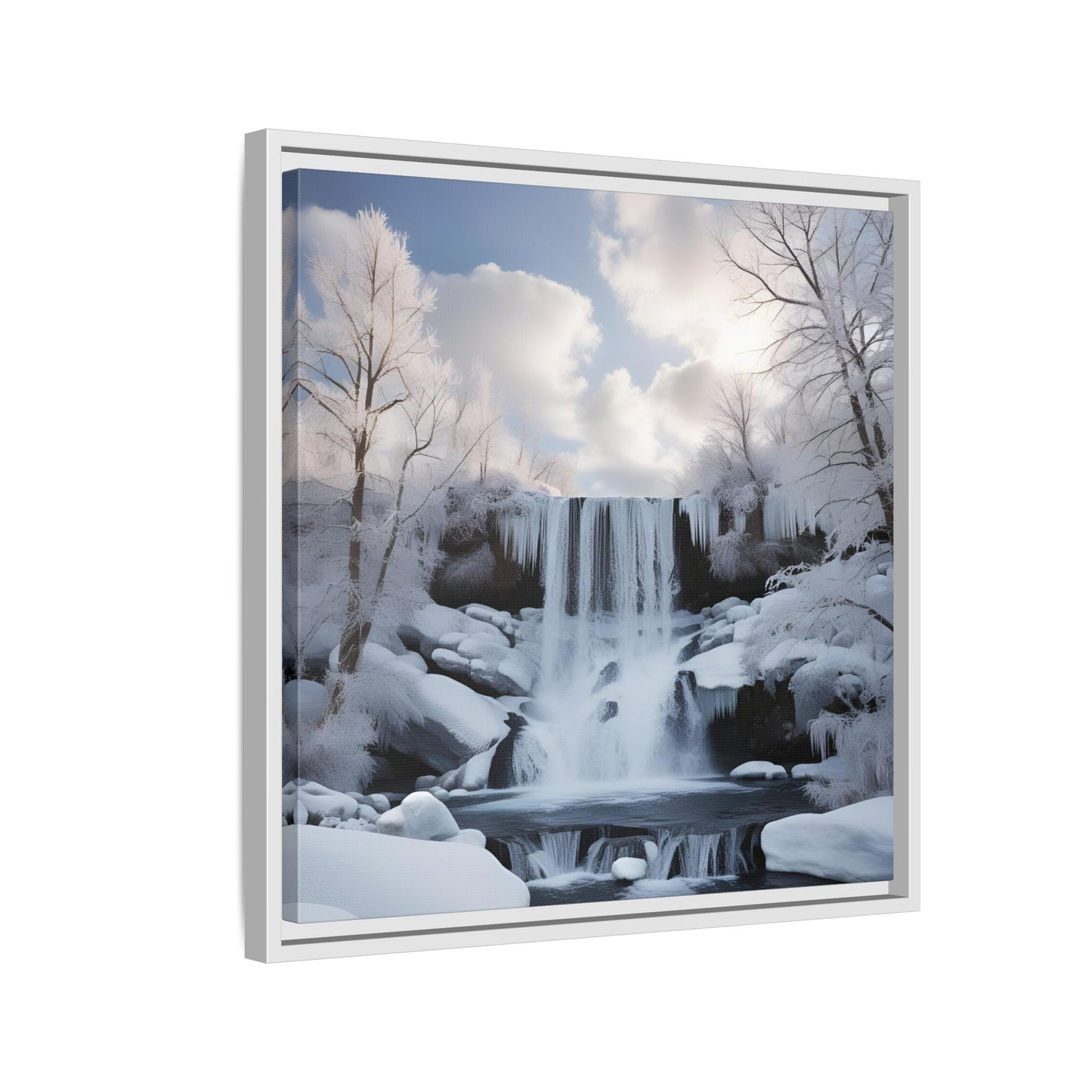 Modern Snowy Waterfall Design Unique Framed Canvas Wall Art Winter Scene Nature Lover Gift Mountain Landscape Decor Gift 3 frame colors