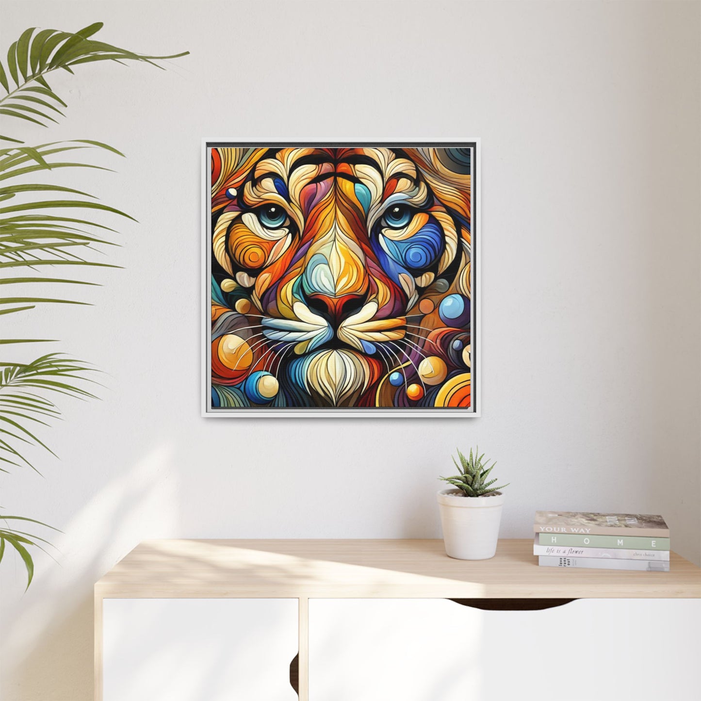 Modern Lion Face Print Abstract Design Unique Framed Canvas Print King of Jungle Wall Art Animal Lover Nature Lover Decor 3 frame colors
