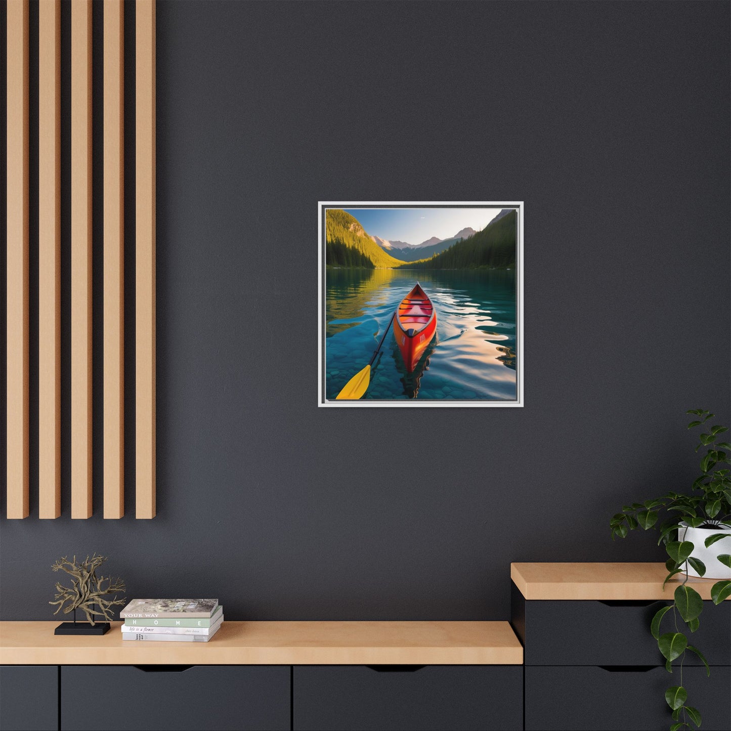 Canoe in the River Framed Canvas Wall Art Mountain Lover Outdoorsman Vacation Kayak Gift Nature Lover Peaceful Zen Gift 3 frame colors