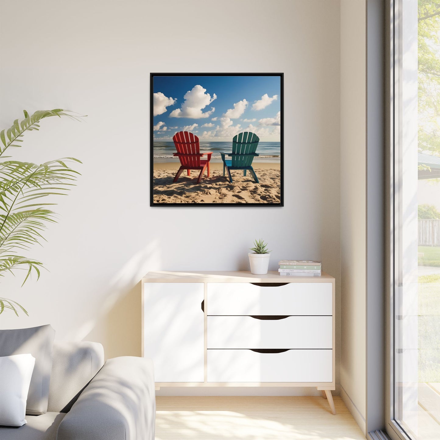 Chairs on the Beach Calm Sunny Day Framed Canvas Wall Art Beach Lover Vacation Oceanic Gift Nature Lover Peaceful Zen Gift 3 frame colors