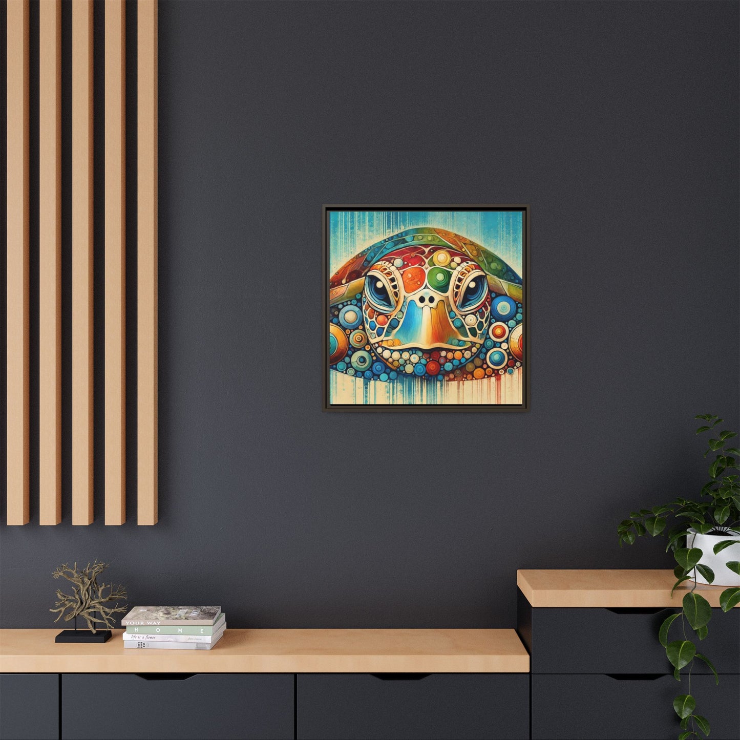 Modern Sea Turtle Print Abstract Design Unique Framed Canvas Print Oceanic Beachy Wall Art Animal Lover Nature Lover Decor 3 frame colors