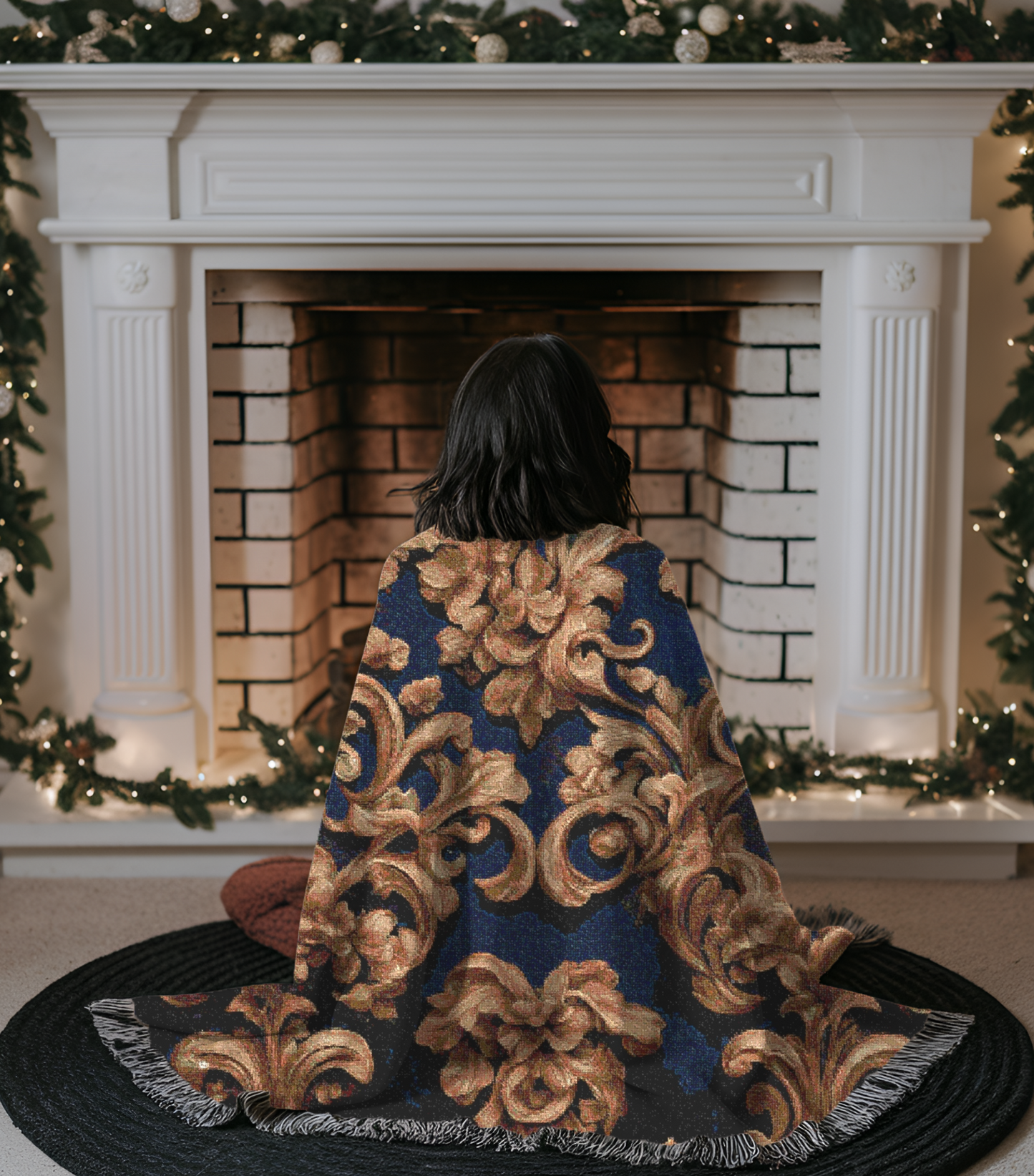 Retro Classic Damask Design Cozy Reading Throw for Book Lovers Cotton Woven Fringed Picnic Blanket Wall Art
