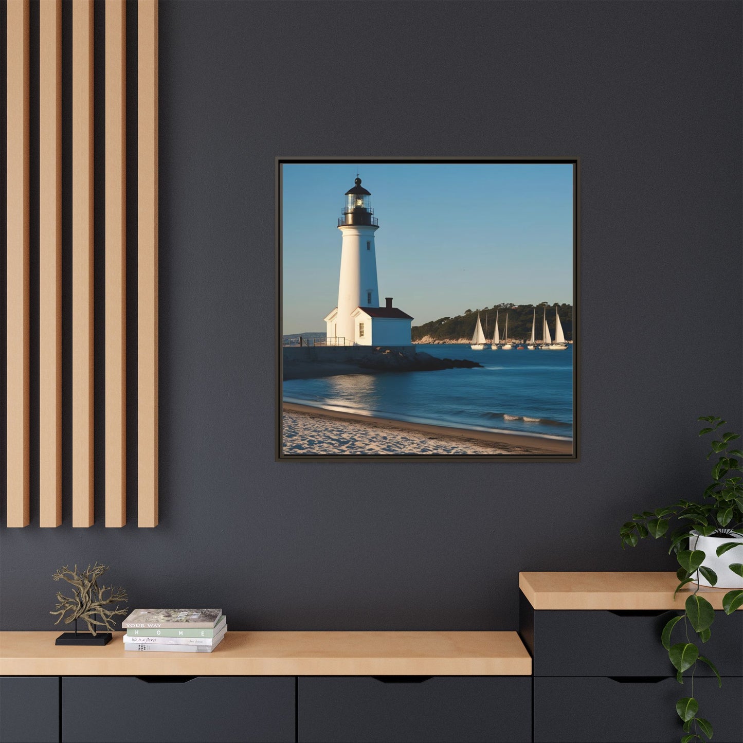 Lighthouse on the Beach Unique Framed Canvas Print Wall Art Nature Lover Gift Beachy Sailboats in the Ocean Vacation Decor 3 frame colors