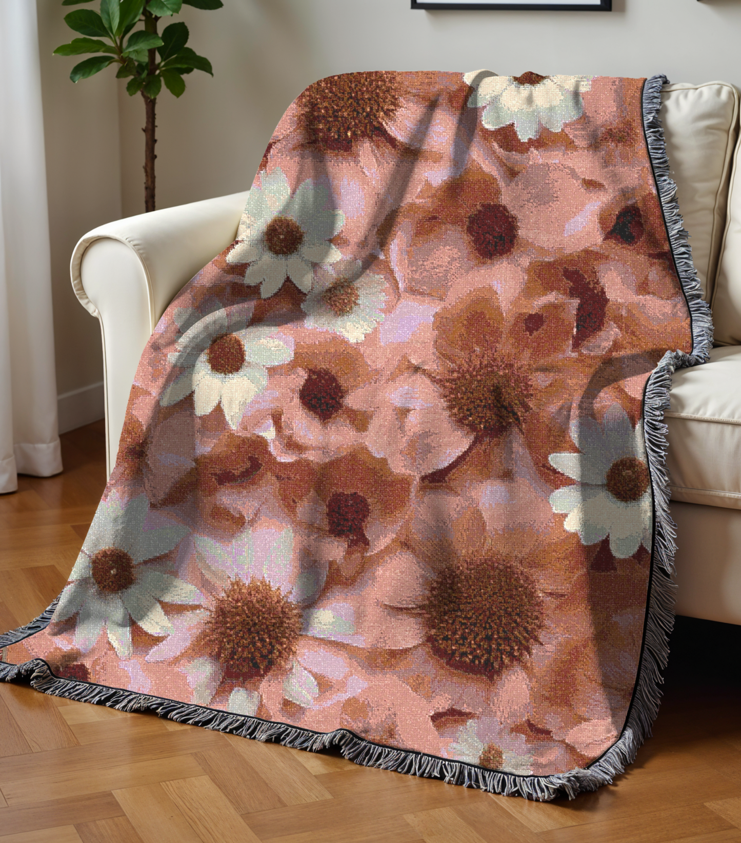 Pink Daisies Cozy Reading Throw for Book Lovers Cotton Woven Fringed Picnic Blanket Wall Art