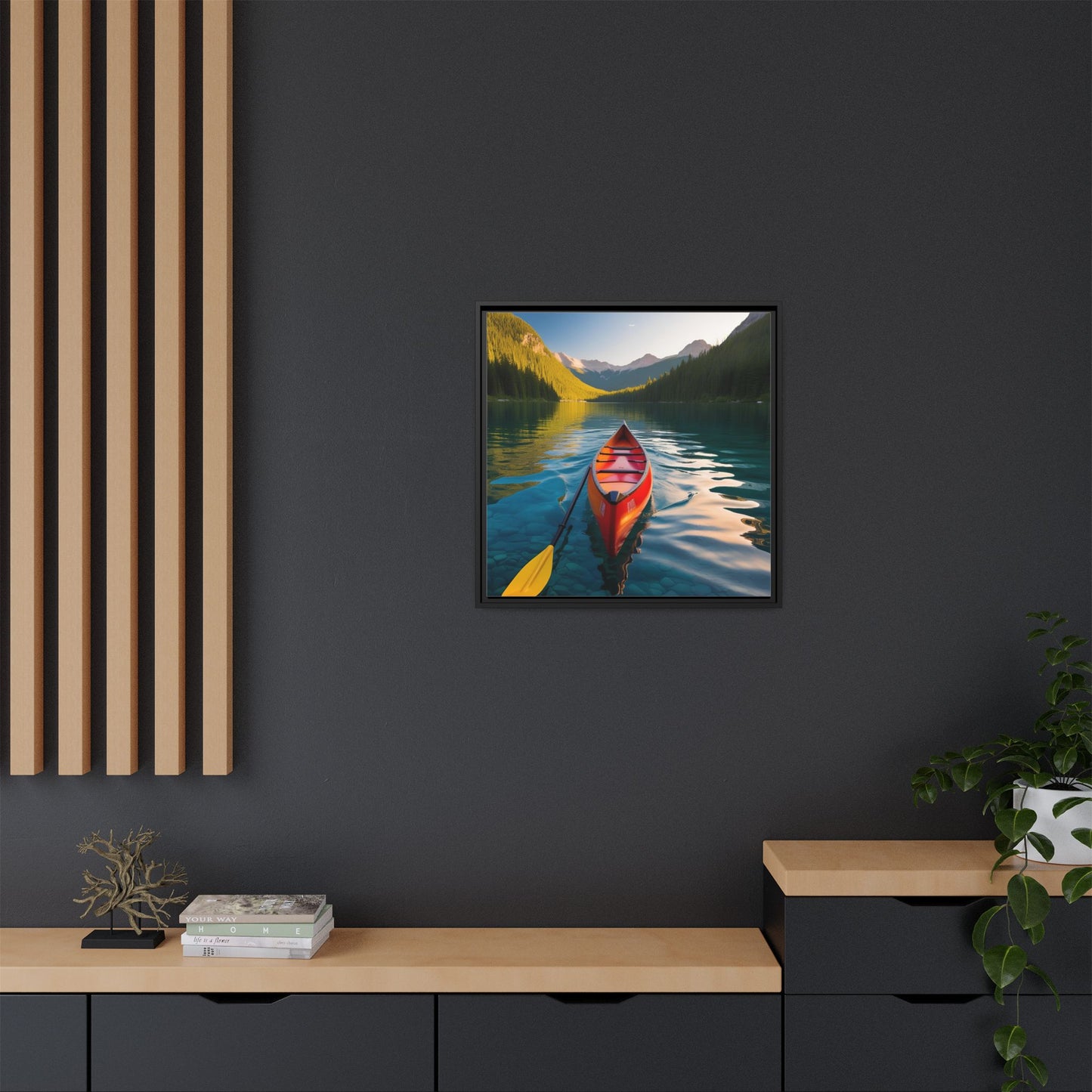 Canoe in the River Framed Canvas Wall Art Mountain Lover Outdoorsman Vacation Kayak Gift Nature Lover Peaceful Zen Gift 3 frame colors