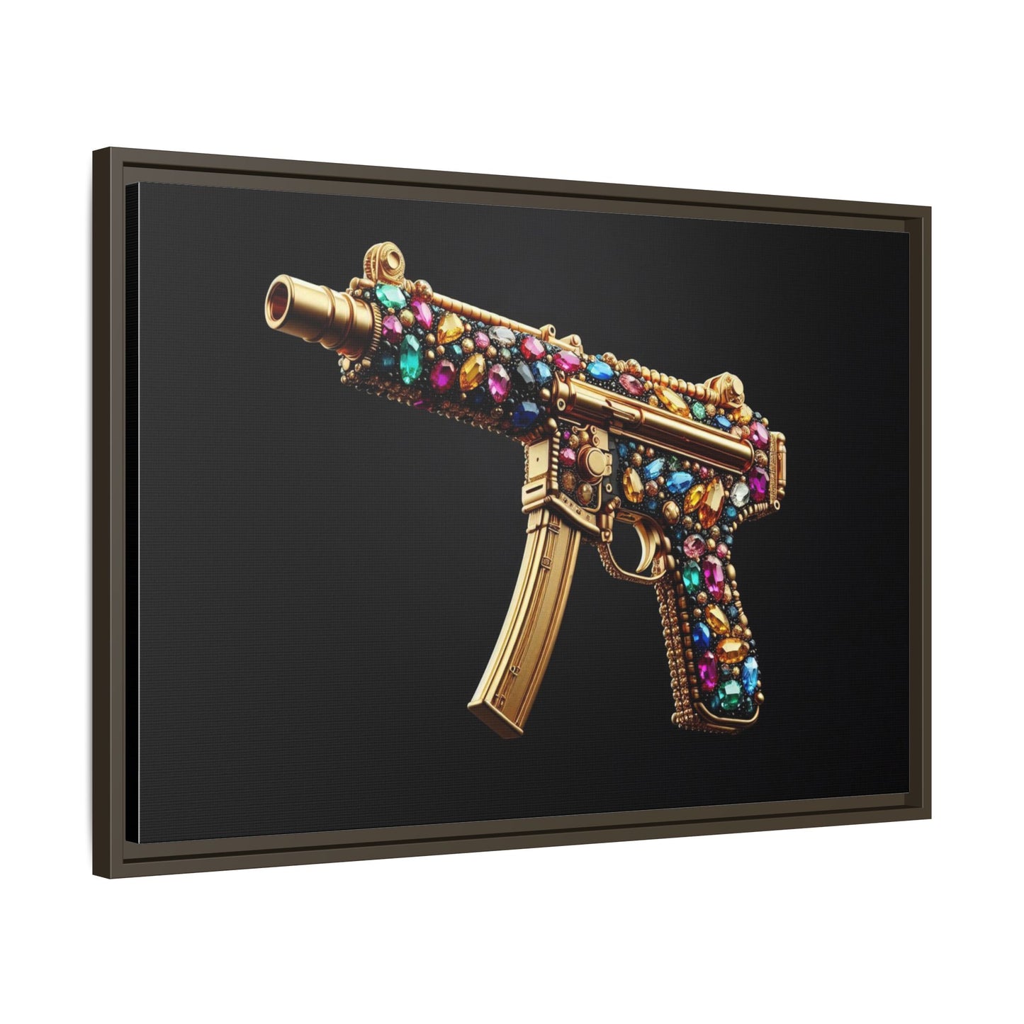 Bejeweled Machine Gun Print AI Design Unique Framed Canvas Print Wall Art Gun Lover Gift Edgy Glam Fantasy Weapon Decor 3 frame colors