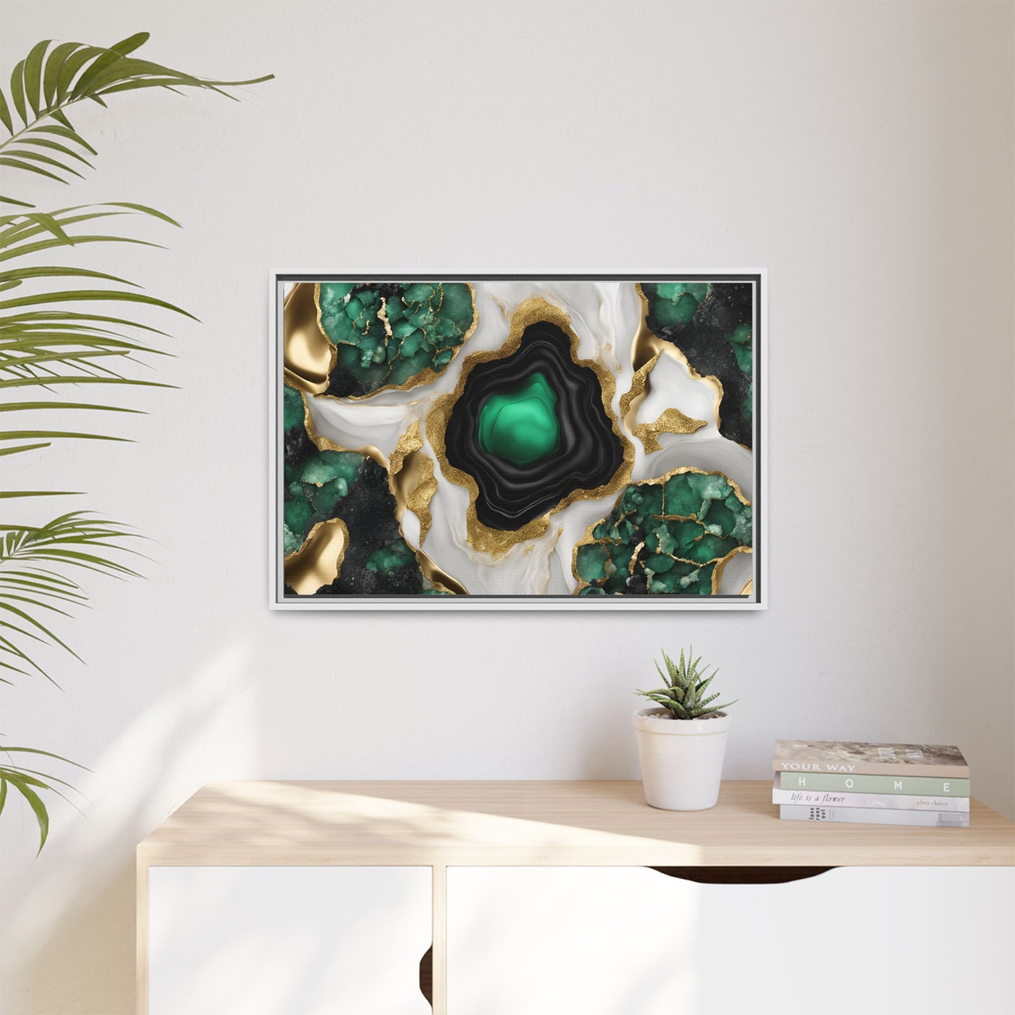 Emerald Green and Gold Quartz Crystal Design Print Matte Canvas Wall Art Nature Lover Gift Geology Rock Lover Gift 3 frame color choices