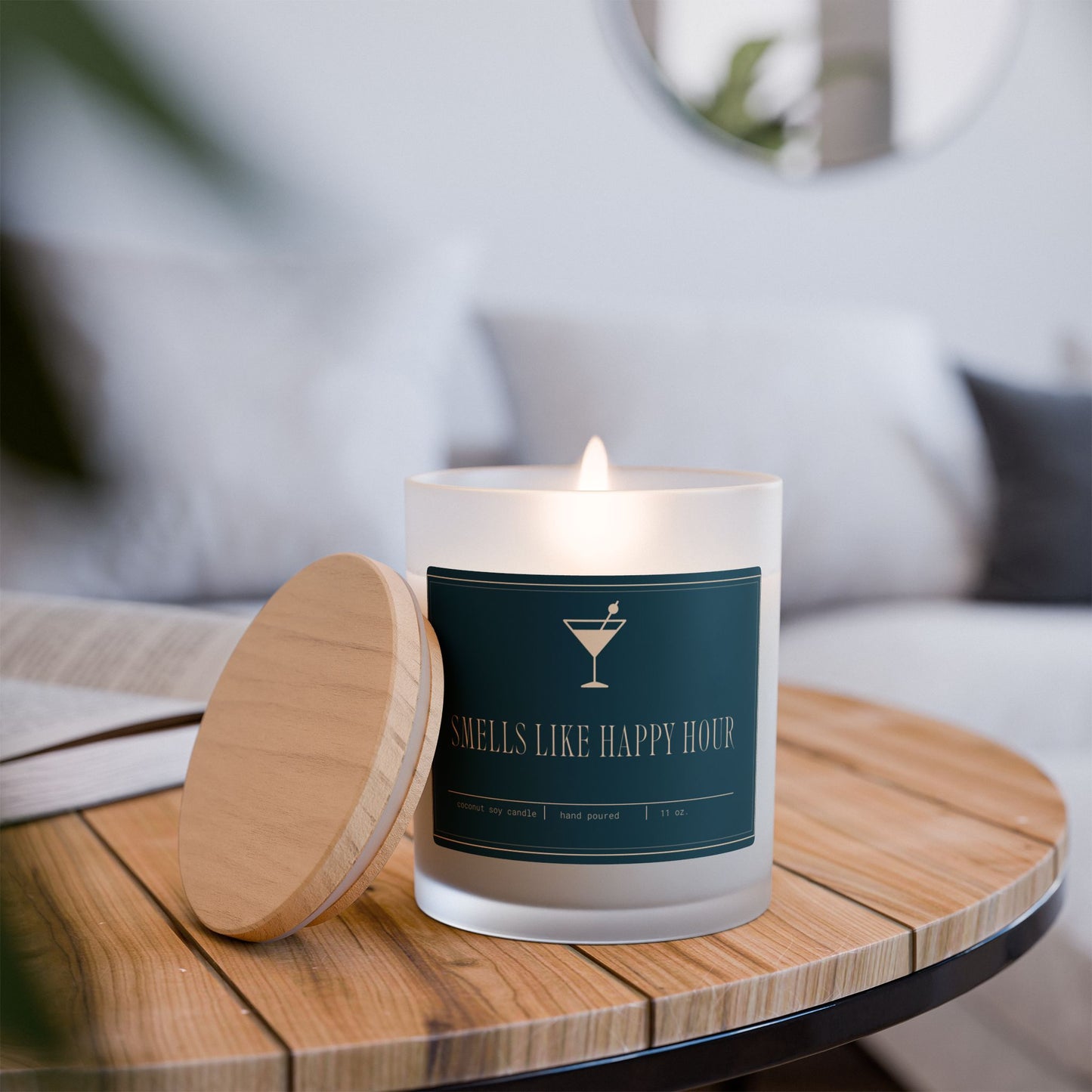 Artisanal Coconut Soy Frosted Glass Candle with Wooden Wick and Raw Maple Lid 11 oz Hand Poured Happy Hour Cocktails Candle 50 hr burn time