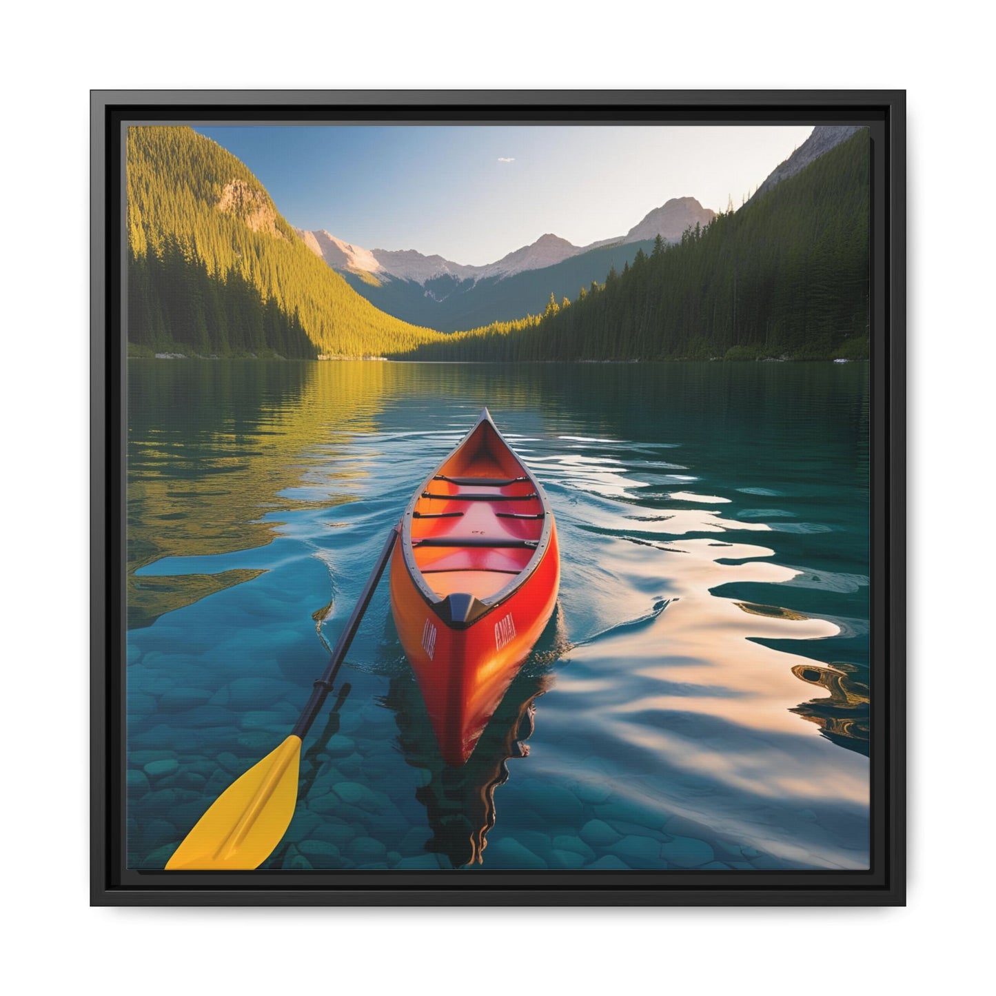 Canoe in the River Framed Canvas Wall Art Mountain Lover Outdoorsman Vacation Kayak Gift Nature Lover Peaceful Zen Gift 3 frame colors
