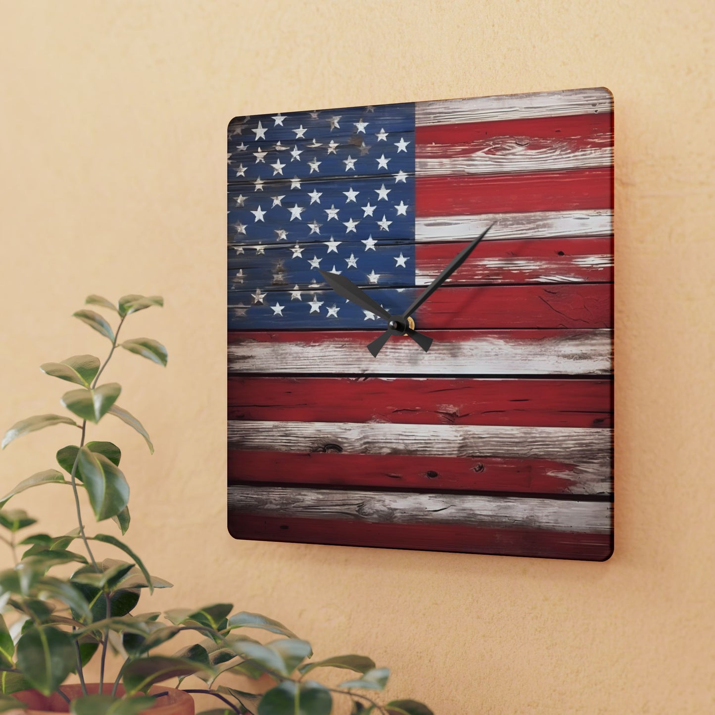 Rustic Wood-look Weathered American Flag Design Acrylic Clock Unique Colorful Wall Clock for Kitchen or Living Room Nature Lover Gift