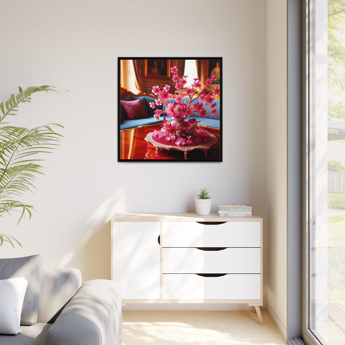 Pink Bejeweled Bonzai Tree Framed Canvas Print Wall Art Unique Nature Lover Asian Art Gift Decor 3 Frame Colors