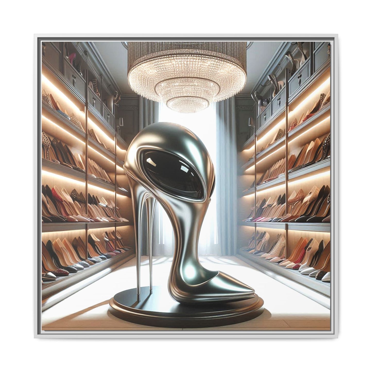 Alien High Heel Shoe Framed Canvas Print Wall Art Unique Fashion Designer Style Haute Couture Shoe Lover Fashionista Decor 3 Frame Colors
