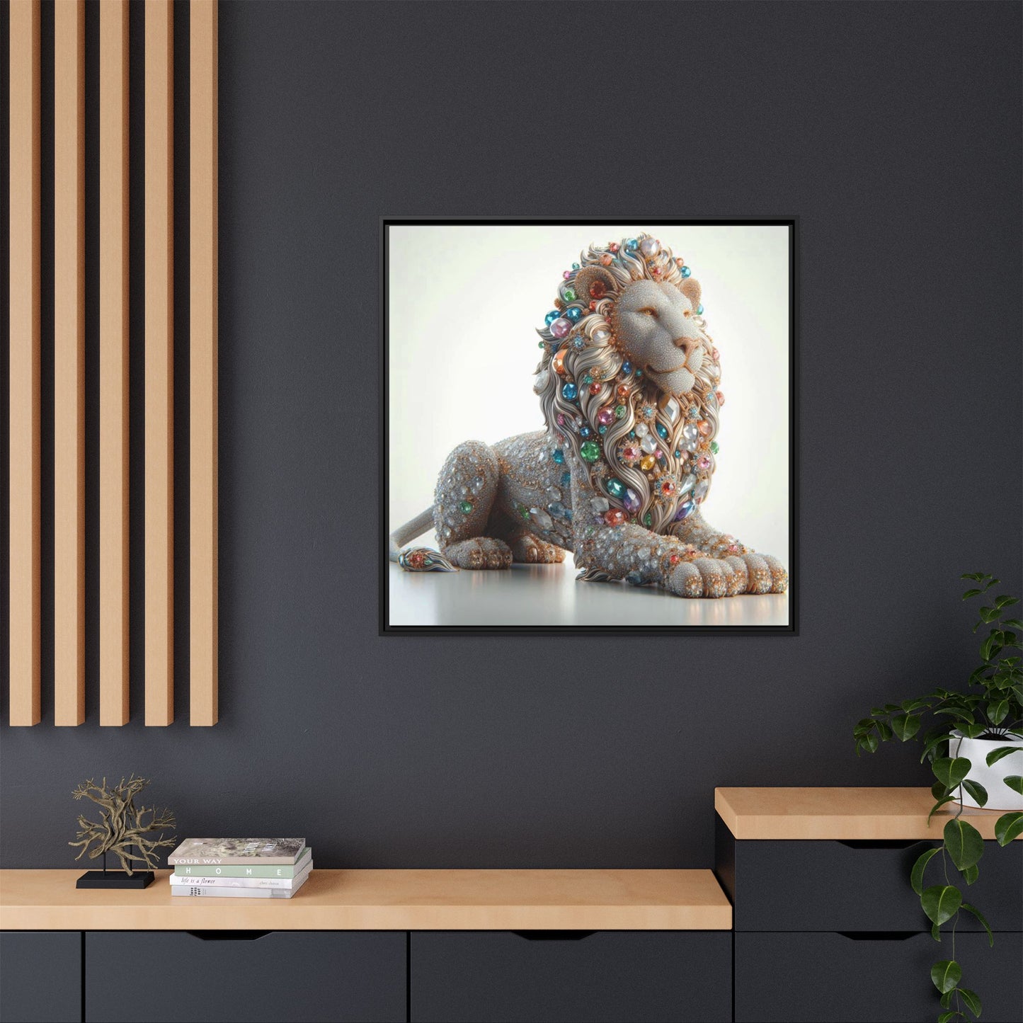 Bejeweled Lion Framed Canvas Print Wall Art Unique Fashion Designer Haute Couture Fashionista Animal Lover Gift Decor 3 Frame Colors