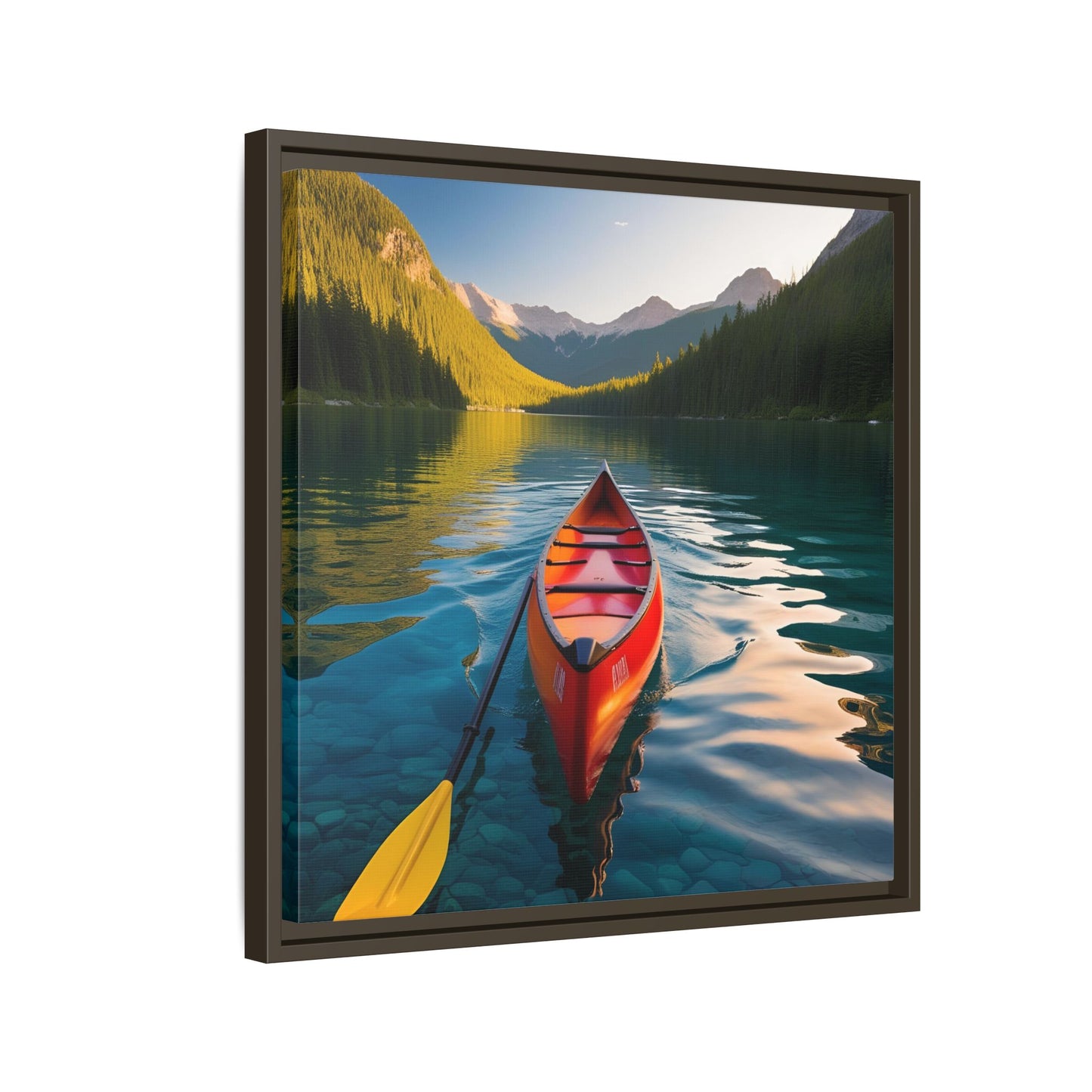 Canoe in the River Framed Canvas Wall Art Mountain Lover Outdoorsman Vacation Kayak Gift Nature Lover Peaceful Zen Gift 3 frame colors