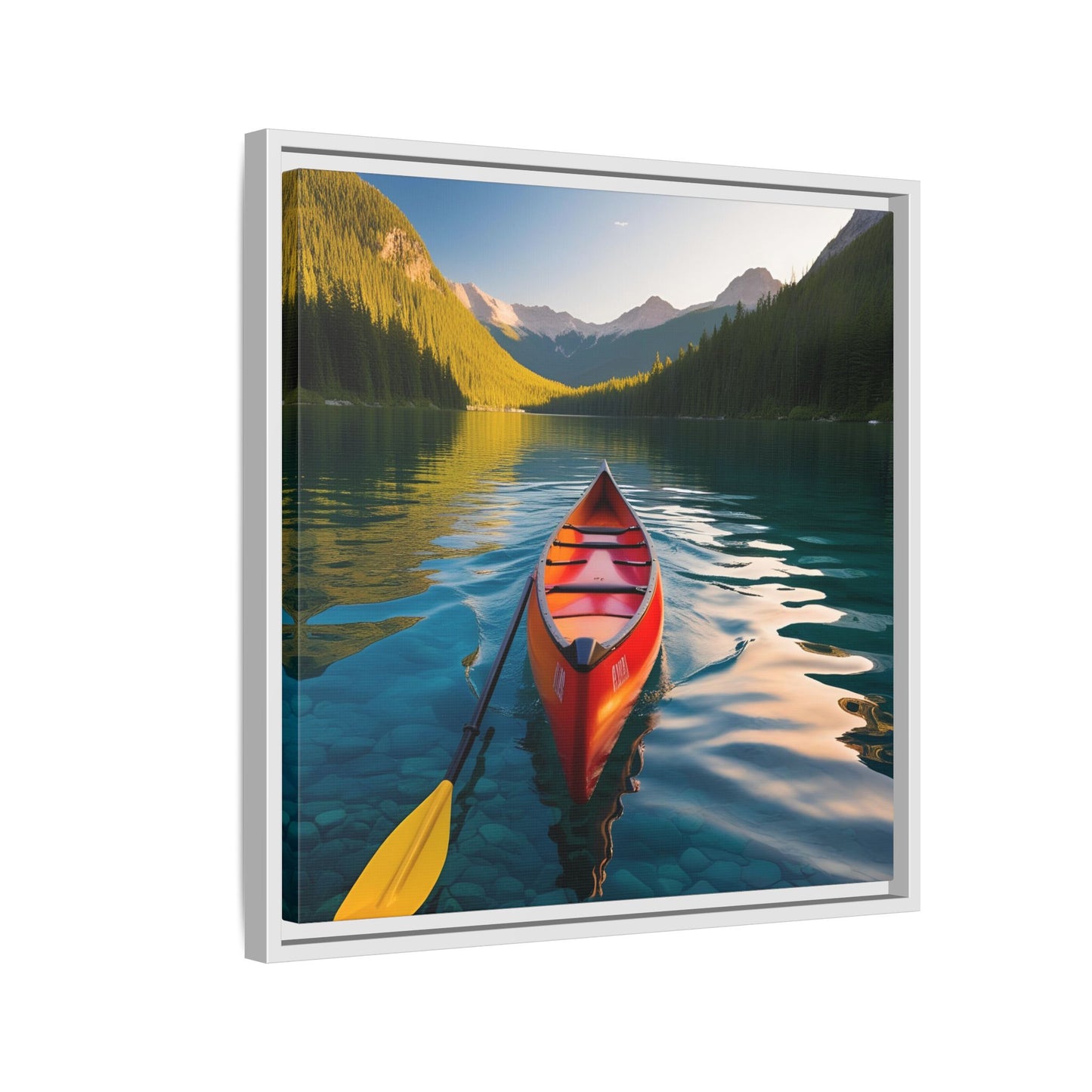 Canoe in the River Framed Canvas Wall Art Mountain Lover Outdoorsman Vacation Kayak Gift Nature Lover Peaceful Zen Gift 3 frame colors