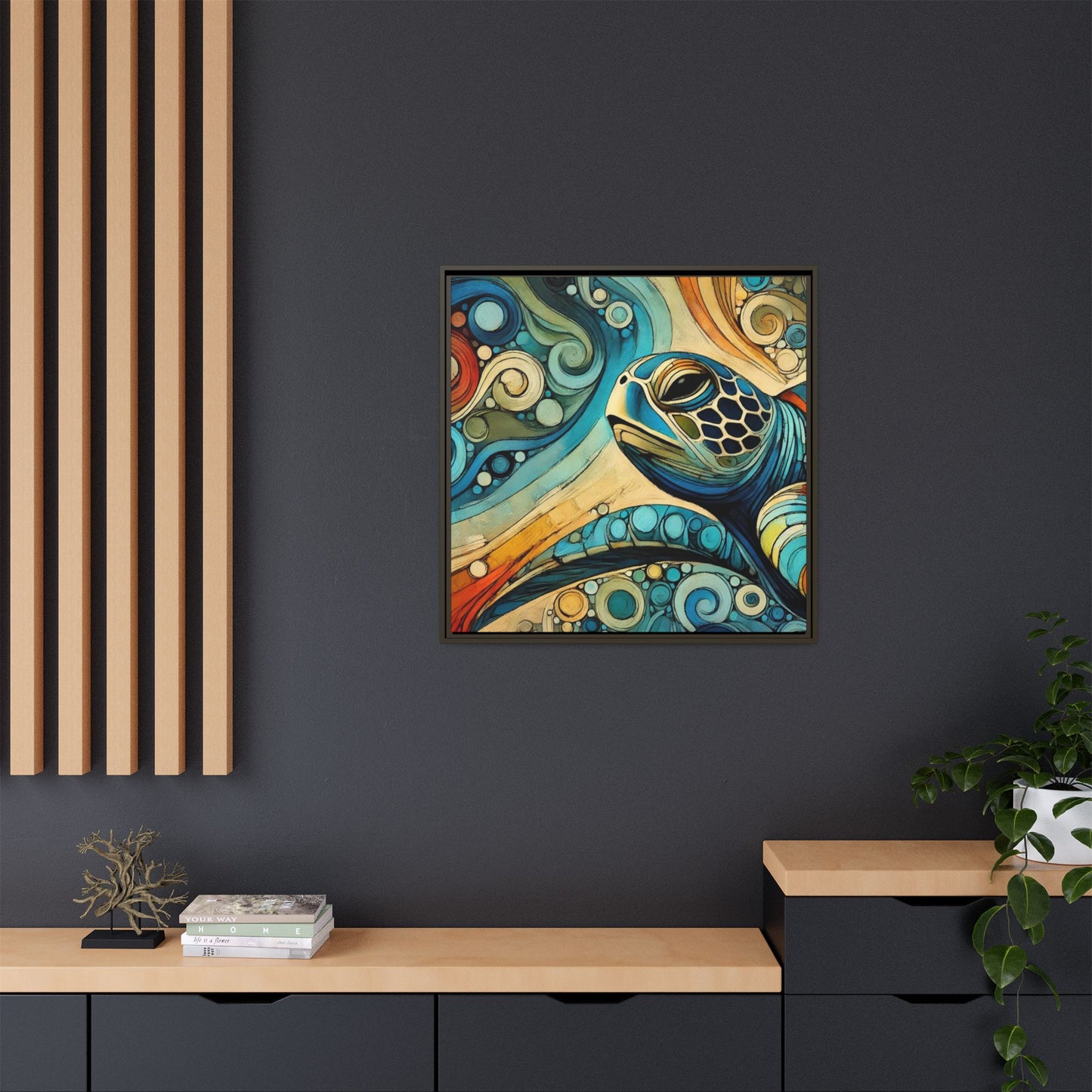 Modern Sea Turtle Print Abstract Design Unique Framed Canvas Print Oceanic Wall Art Animal Lover Gift Nature Lover Decor 3 frame colors