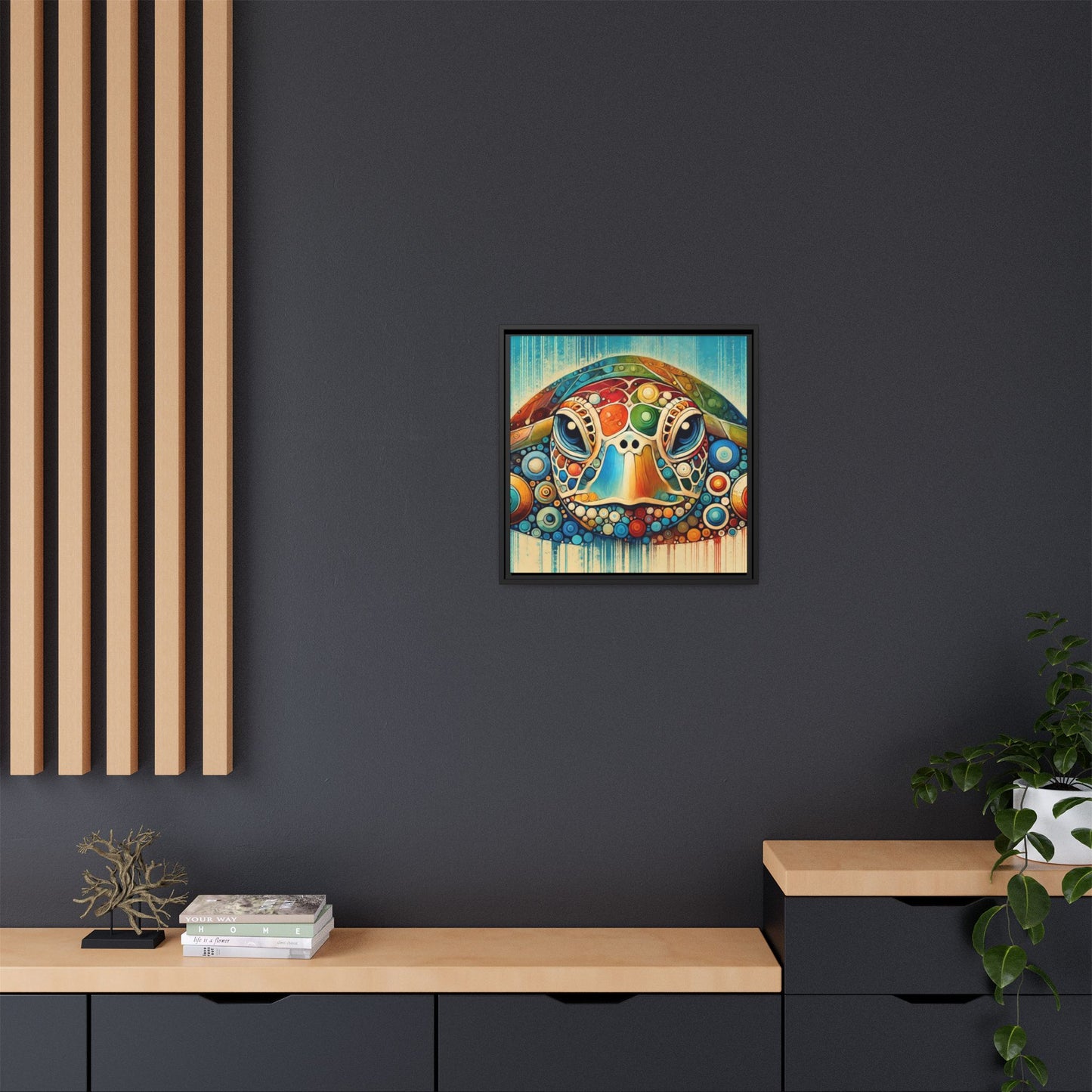 Modern Sea Turtle Print Abstract Design Unique Framed Canvas Print Oceanic Beachy Wall Art Animal Lover Nature Lover Decor 3 frame colors