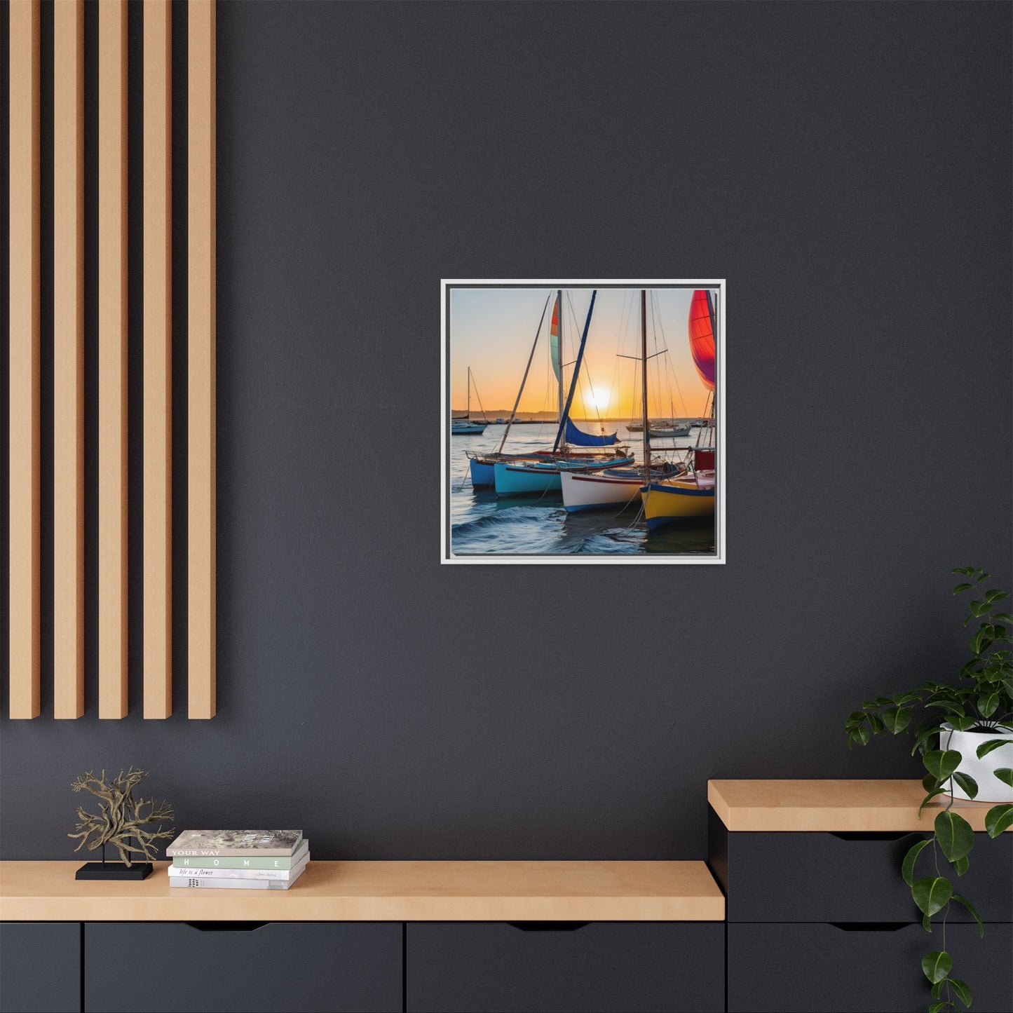 Sailboats at Sunset in Harbor Framed Canvas Wall Art Beach Lover Vacation Oceanic Gift Nature Lover Peaceful Zen Sunrise Art 3 frame colors