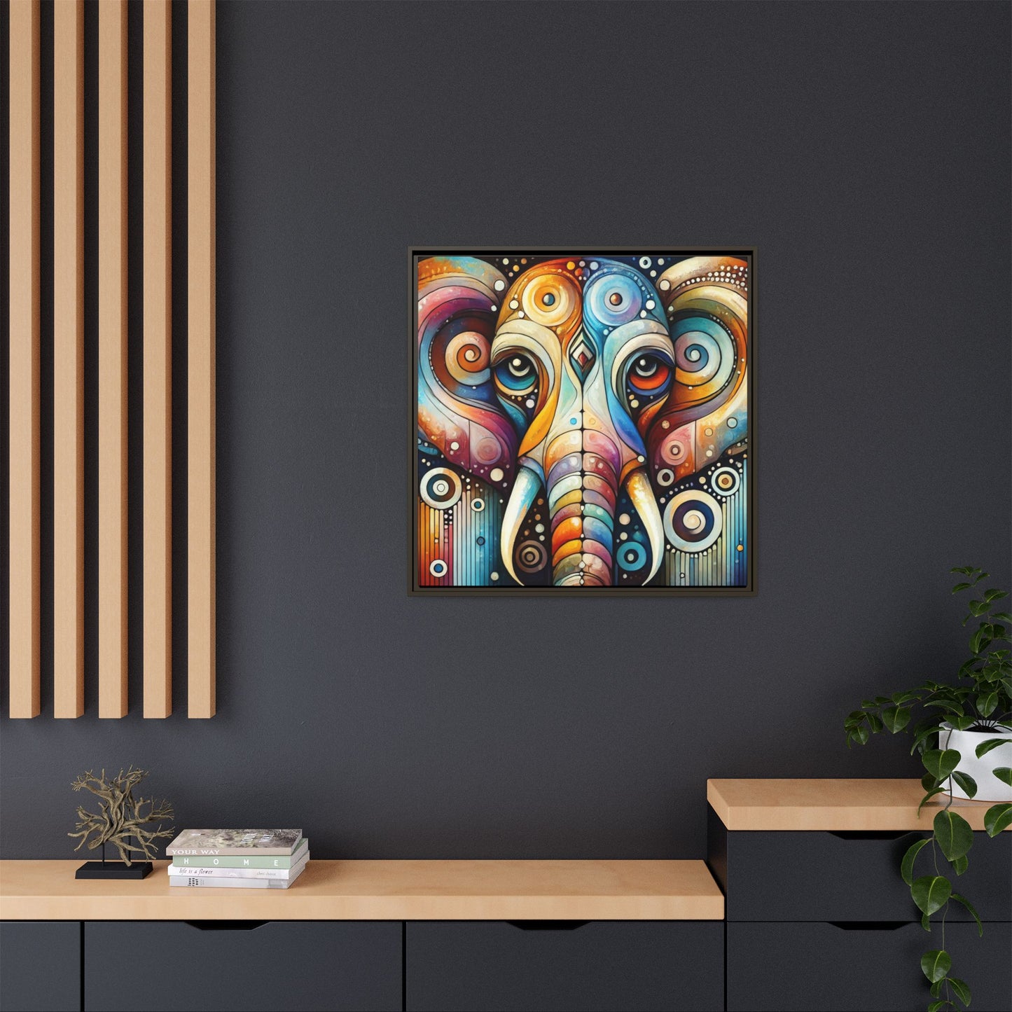 Modern Elephant Face Print Abstract Design Unique Framed Canvas Print African Wall Art Animal Lover Nature Lover Decor 3 frame colors