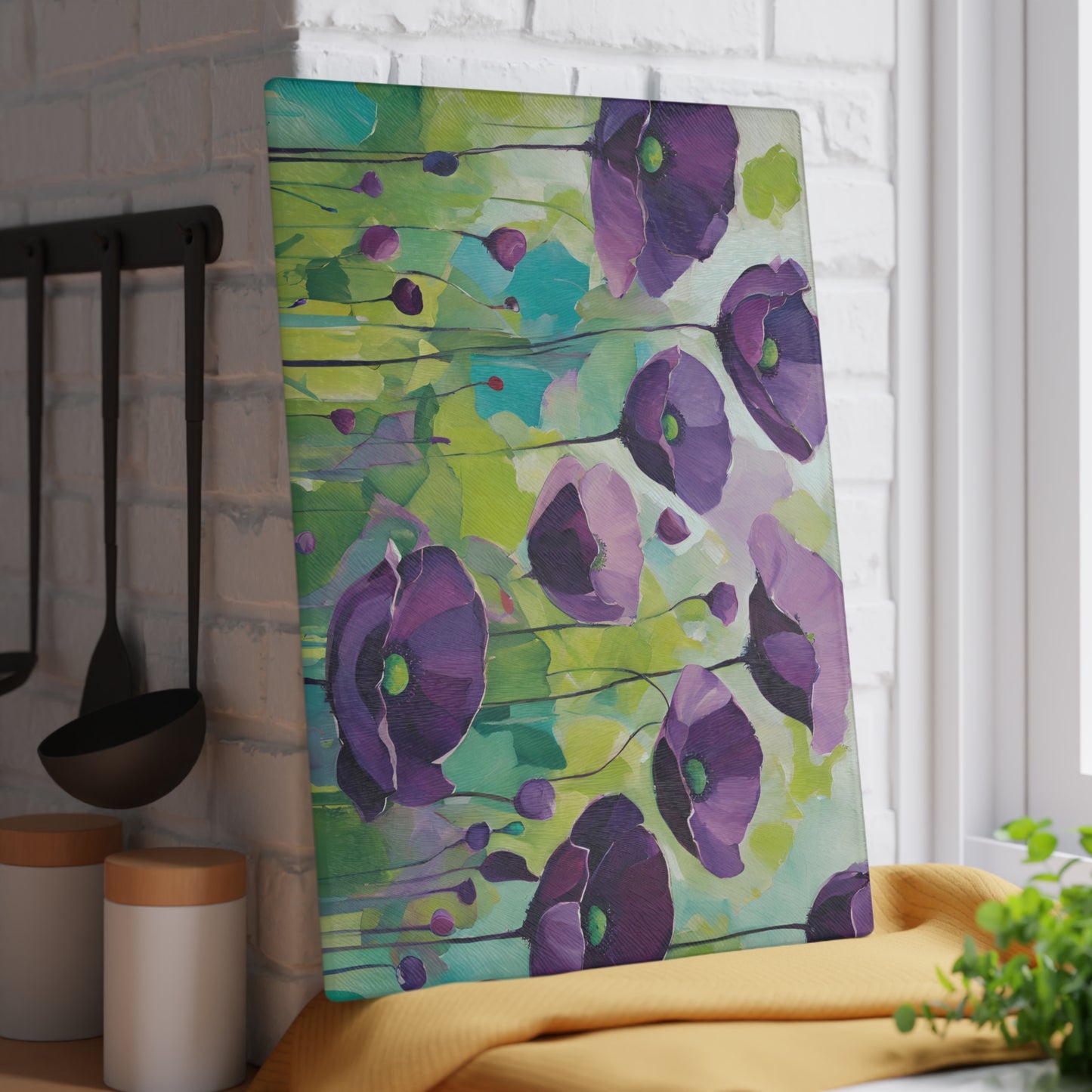 Kitchen Decor Glass Cutting Board Serving Tray with Field of Flowers Pattern Cutting Board Gift for Home Cook Charcuterie Board