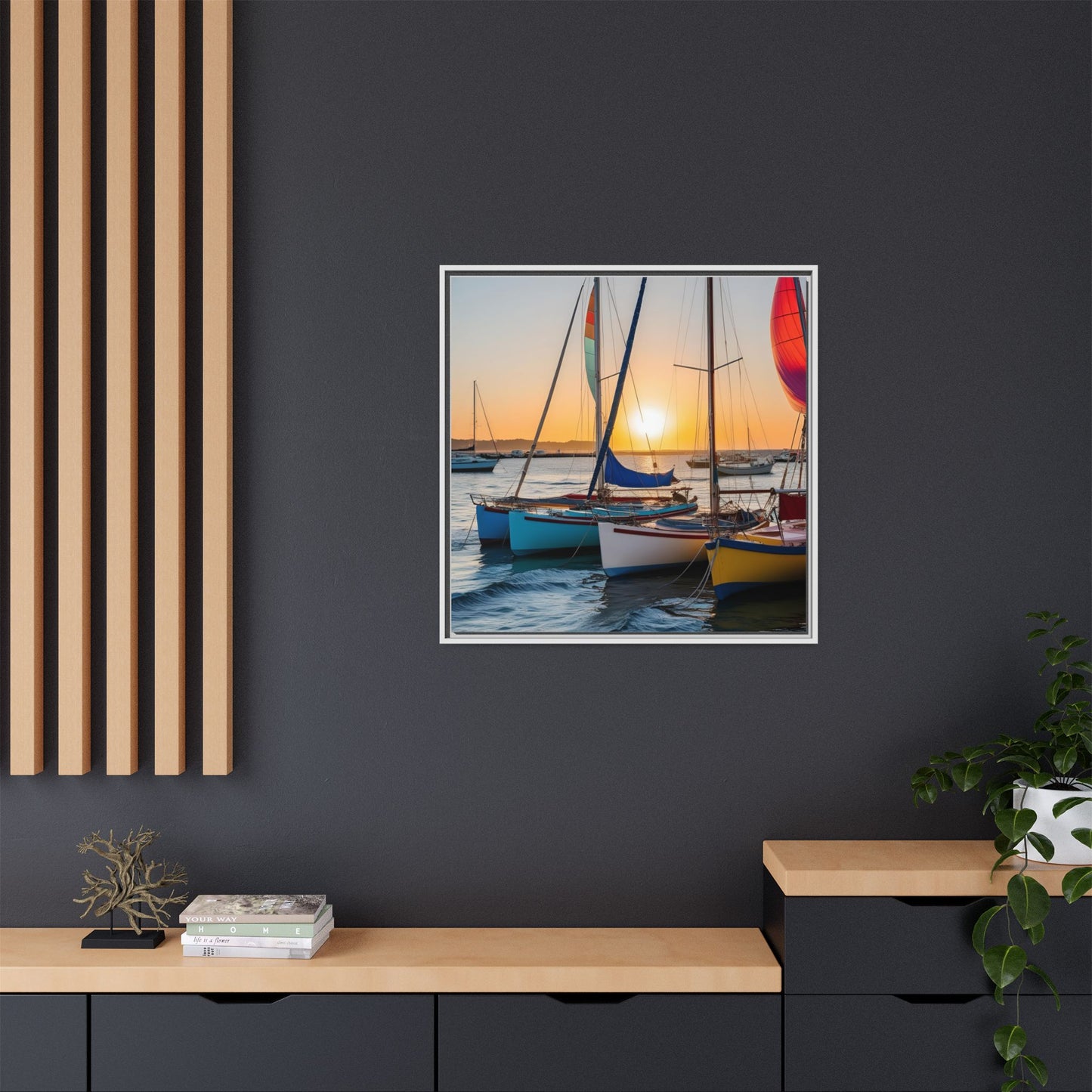 Sailboats at Sunset in Harbor Framed Canvas Wall Art Beach Lover Vacation Oceanic Gift Nature Lover Peaceful Zen Sunrise Art 3 frame colors