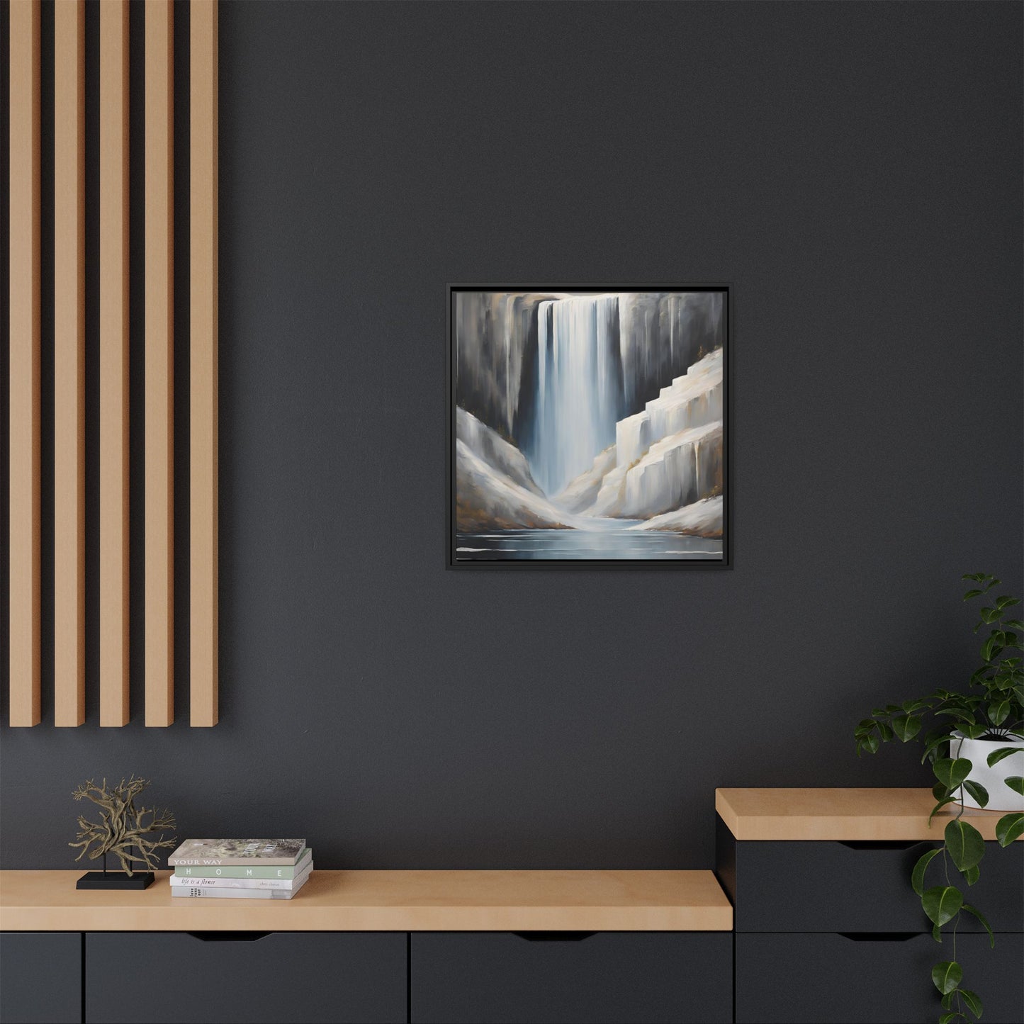Modern Abstract Waterfall Design Unique Framed Canvas Wall Art Ocean Beach Gift Nature Lover Gift Mountain Landscape Gift 3 frame colors