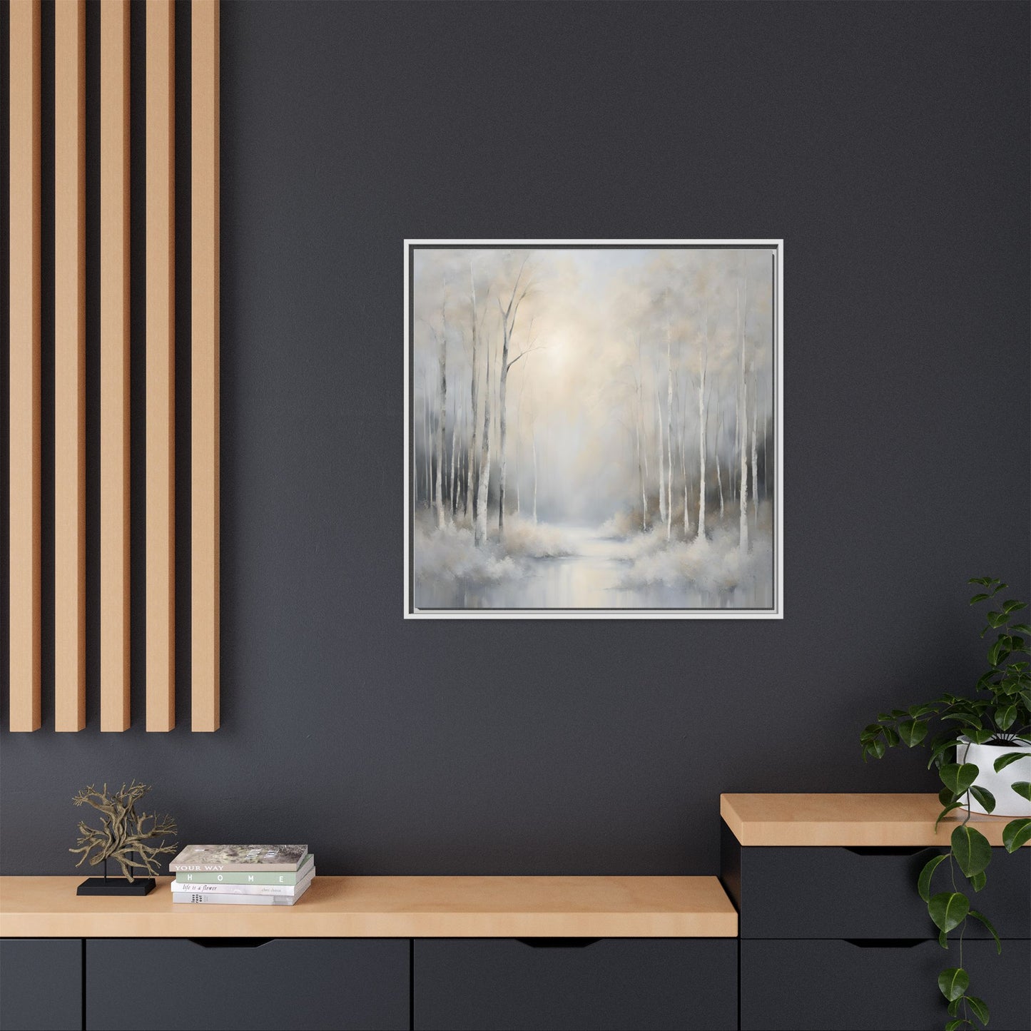 Modern Abstract White Forest Design Unique Framed Canvas Wall Art Ocean Beach Gift Nature Lover Gift 3 frame colors