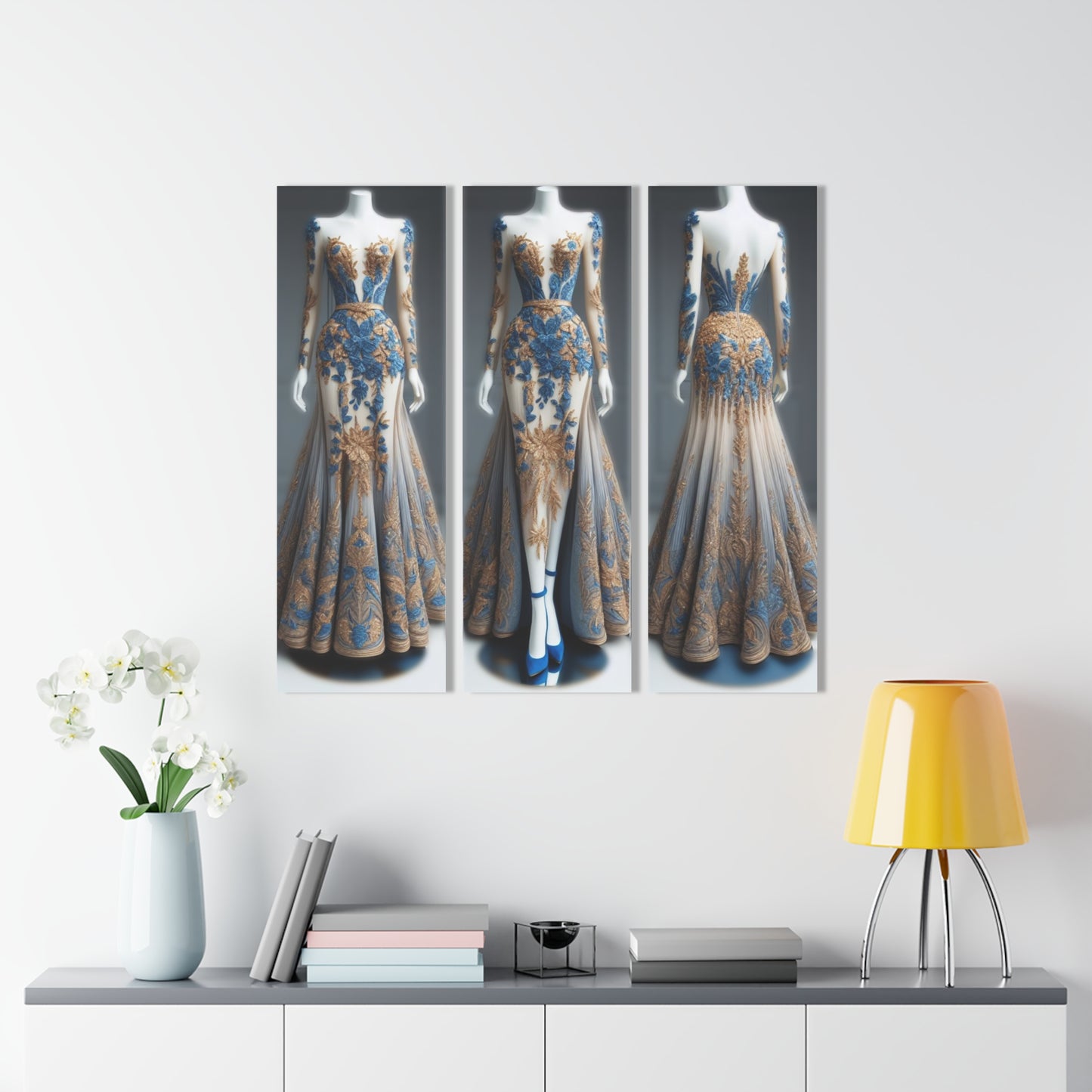 Fashion Formal Runway Dress Design Triptych Acrylic Print Wall Art Unique Fashion Designer Style Decor