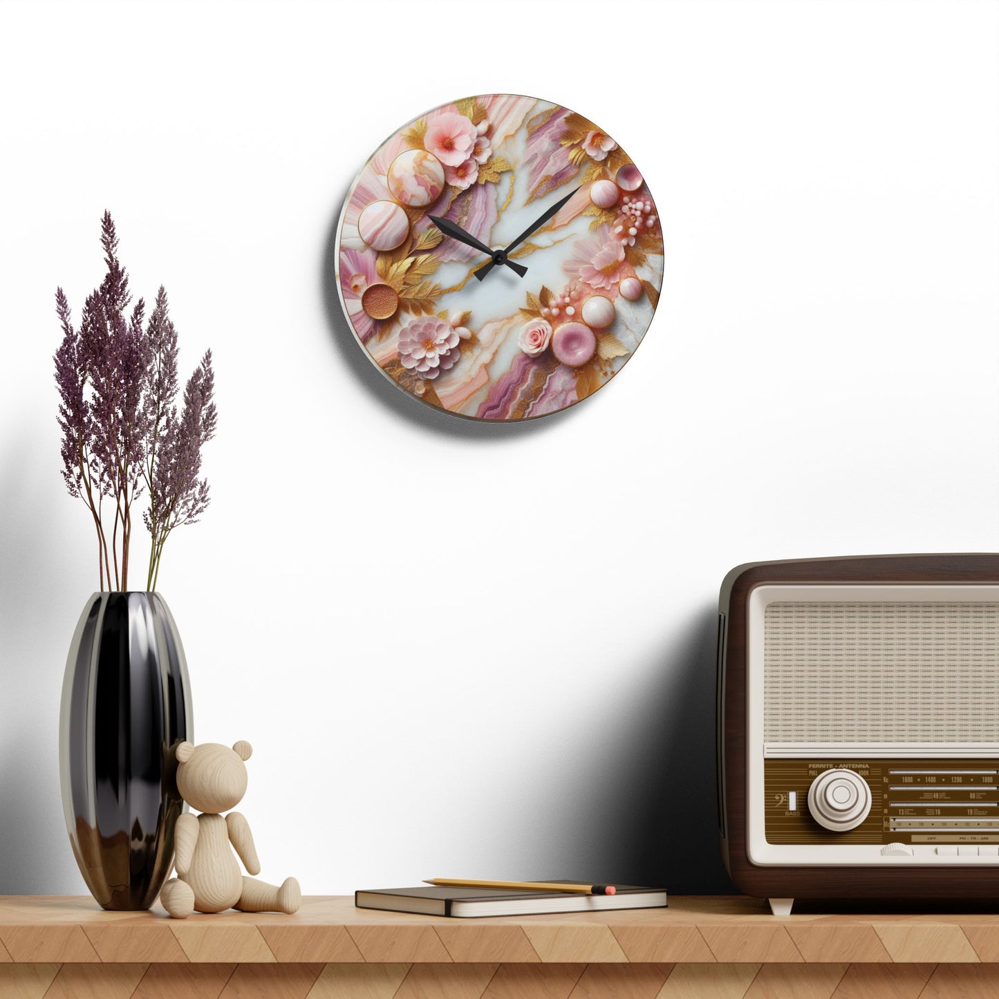 Acrylic Pink Stone-Look Floral Quartz Inspired Unique Design Acrylic Wall Clock Agate Crystal Lover Gemologist Gift Nature Lover Rock Gift