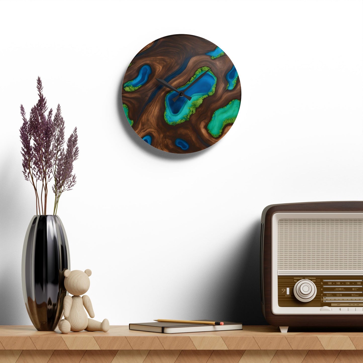Rustic Wood-look Geode-inspired Mossy Design Acrylic Clock Unique Colorful Wall Clock for Kitchen or Living Room Nature Lover Gift