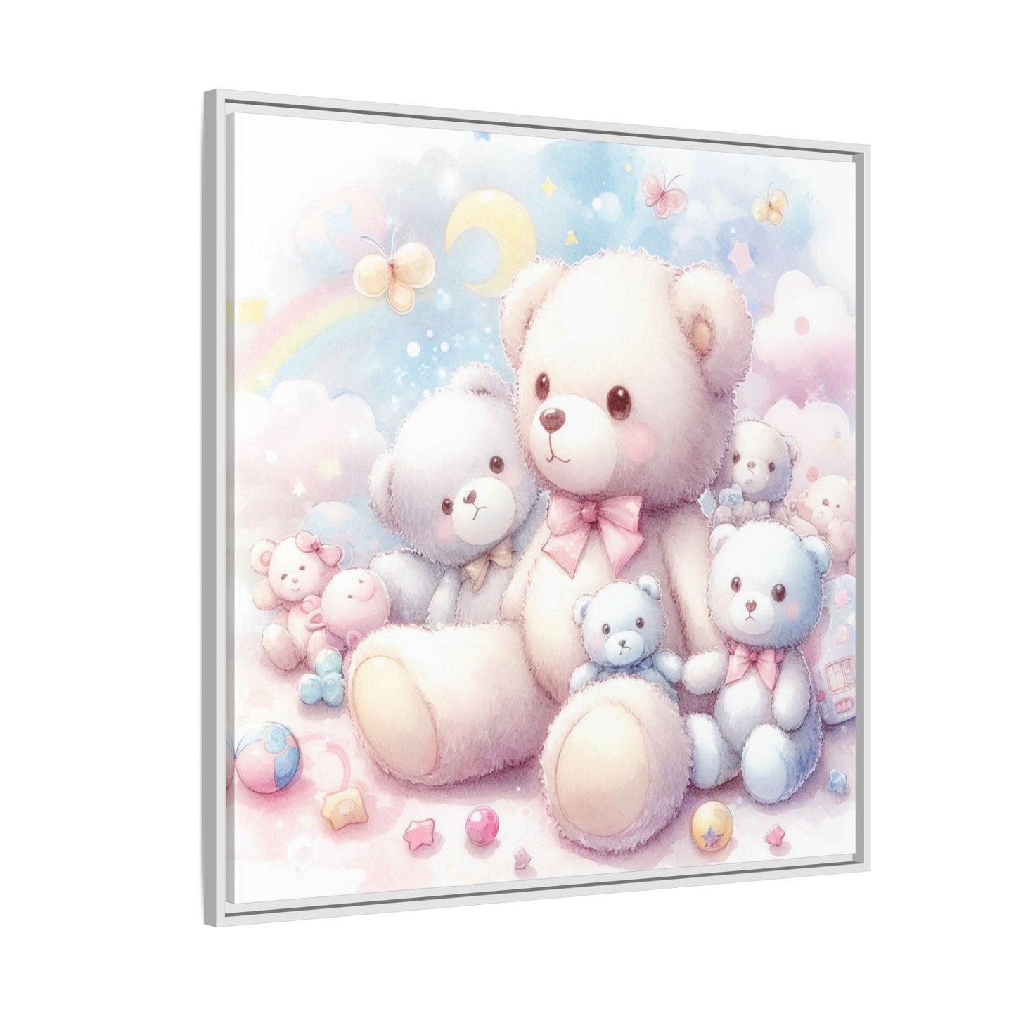 Whimsical Nursery Decor Pastel Floral Teddy Bear Design Wall Art Unique Sweet Baby Room Framed Canvas Print Unisex Baby Shower Gift