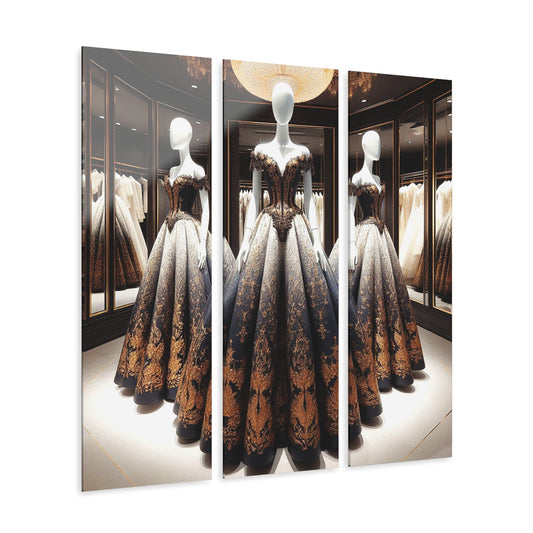 Fashion Formal Runway Damask Design Dress Triptych 3-Panel Acrylic Print Wall Art Unique Haute Couture Fashionista Vintage Style Decor