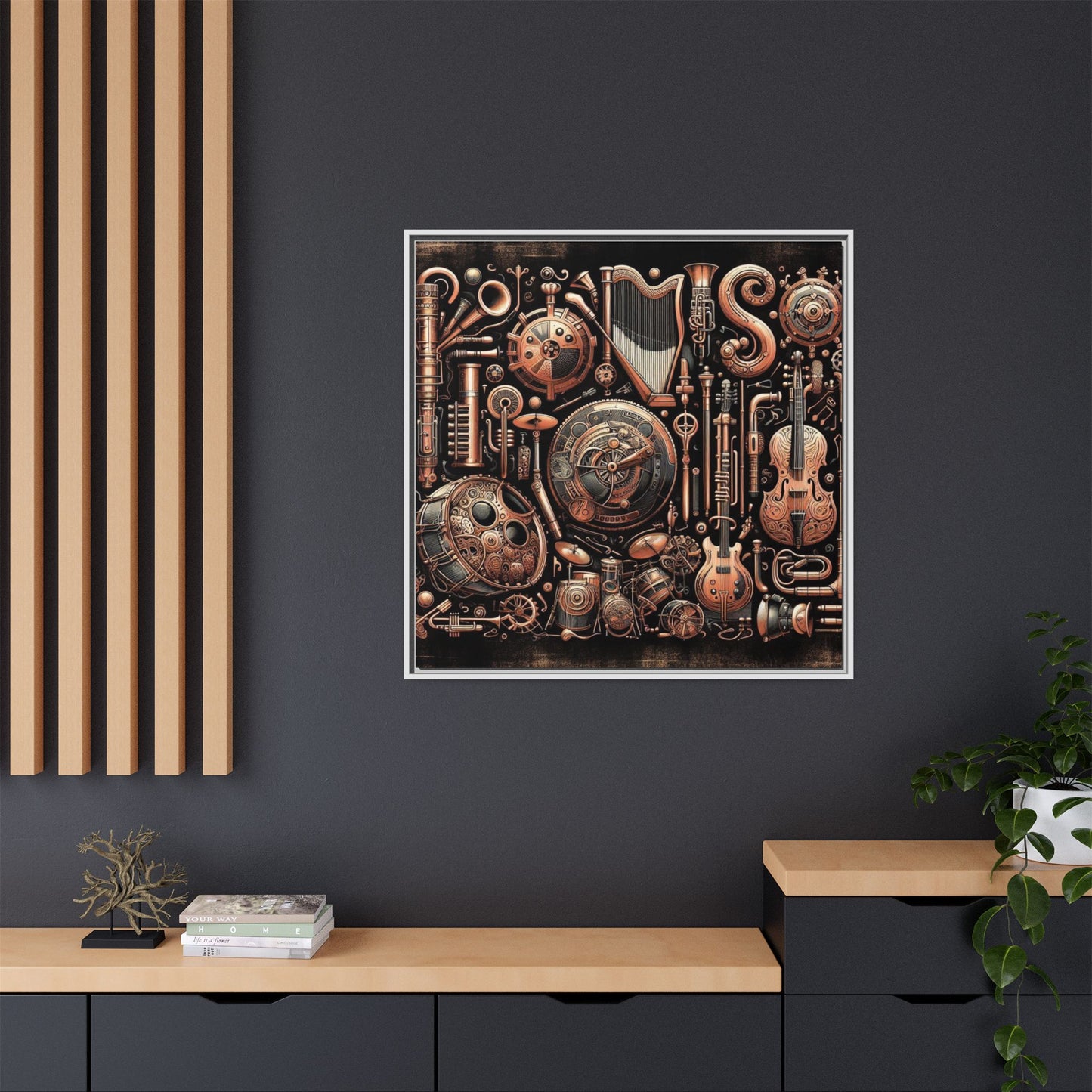 Modern Music-Themed Steampunk Style Print Abstract Design Unique Framed Canvas Print Wall Art Music Lover Gift Decor 3 frame colors