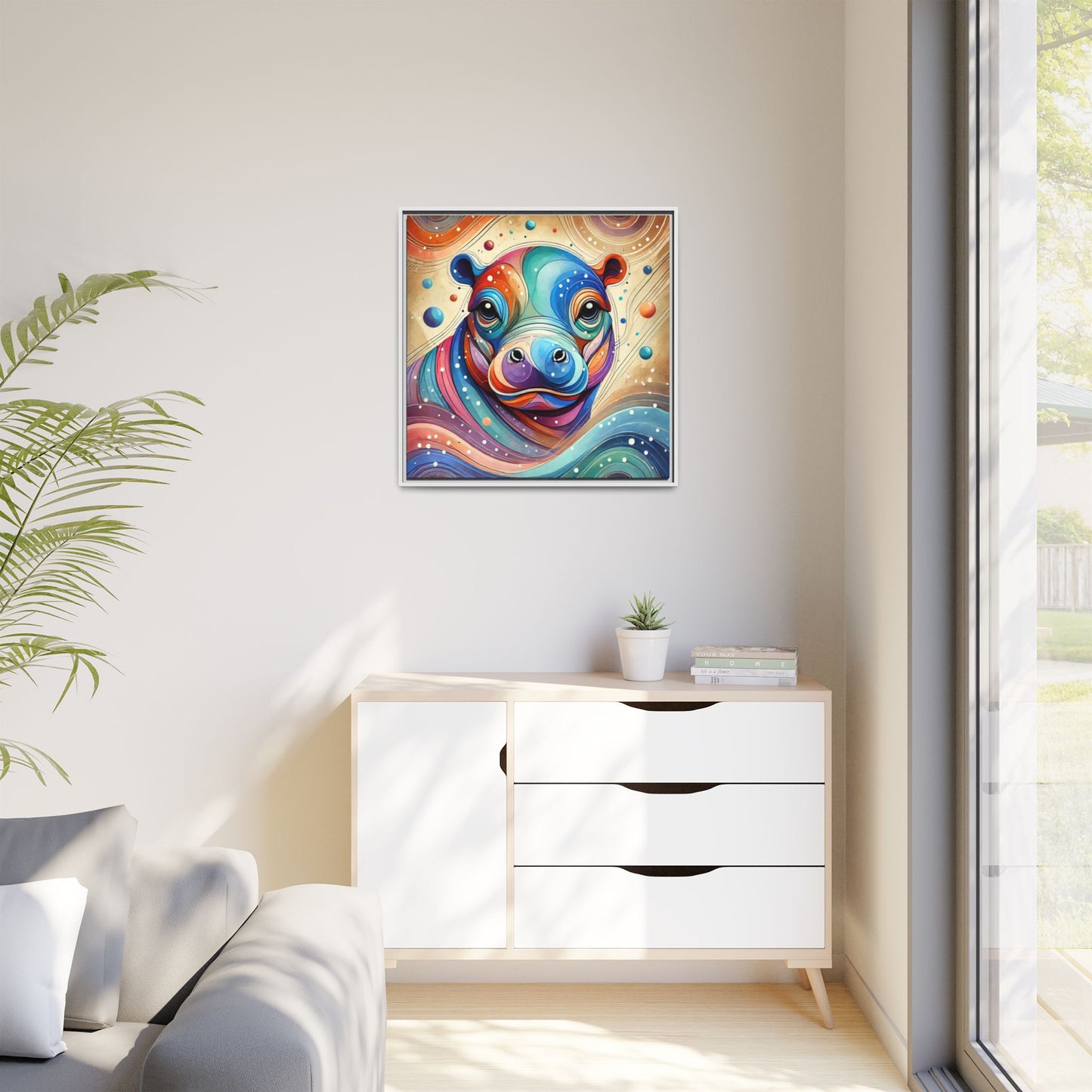 Modern Hippo Print Abstract Design Unique Framed Canvas Print Baby Hippo Wall Art Animal Lover Gift Nature Lover Decor 3 frame colors