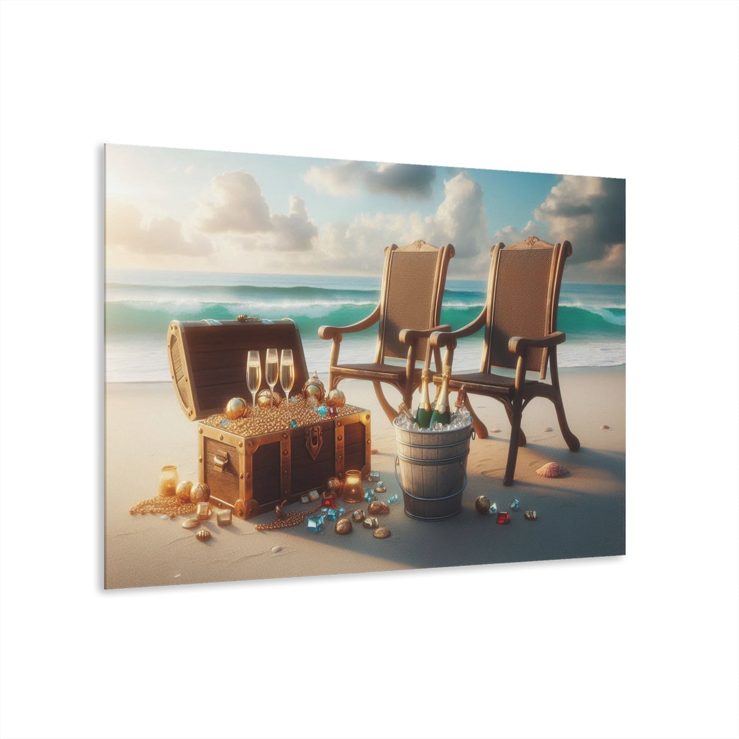 Chairs on the Beach with Pirate's Treasure Acrylic Print with French Cleat Ocean Lover Wall Art Beachy Gift Artwork Modern Home Decor